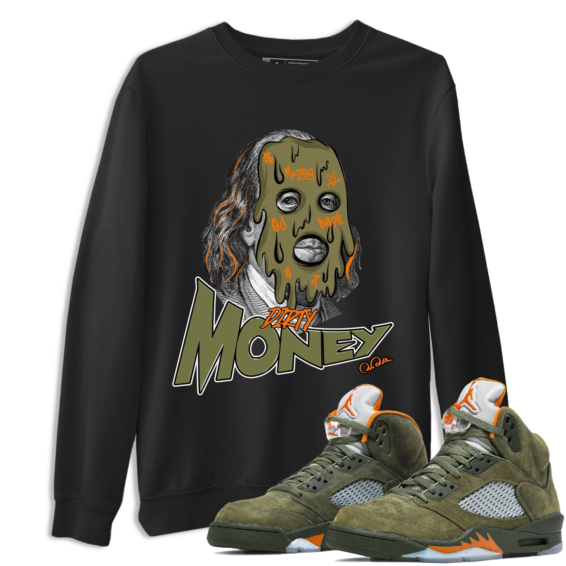 5s Olive shirt to match jordans Dirty Money sneaker tees Air Jordan 5 Olive SNRT Sneaker Release Tees unisex cotton Black 1 crew neck shirt