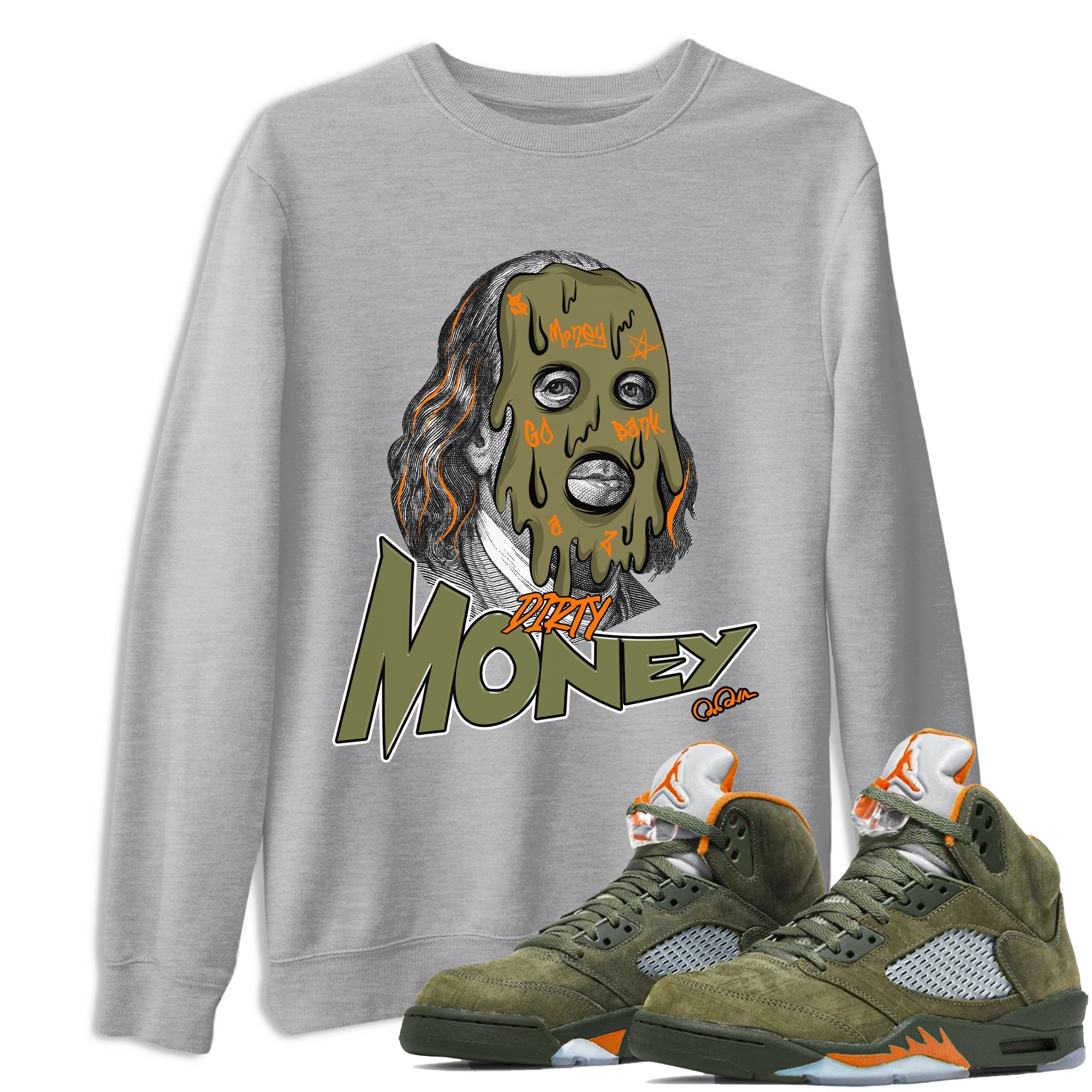 5s Olive shirt to match jordans Dirty Money sneaker tees Air Jordan 5 Olive SNRT Sneaker Release Tees unisex cotton Heather Grey 1 crew neck shirt