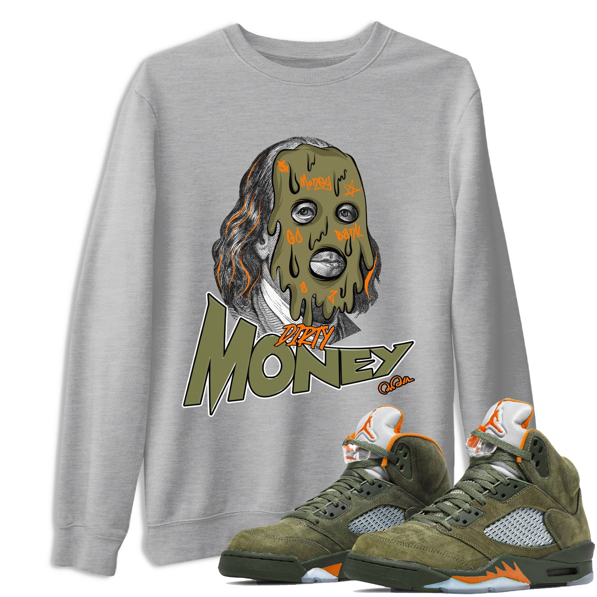 5s Olive shirt to match jordans Dirty Money sneaker tees Air Jordan 5 Olive SNRT Sneaker Release Tees unisex cotton Heather Grey 1 crew neck shirt