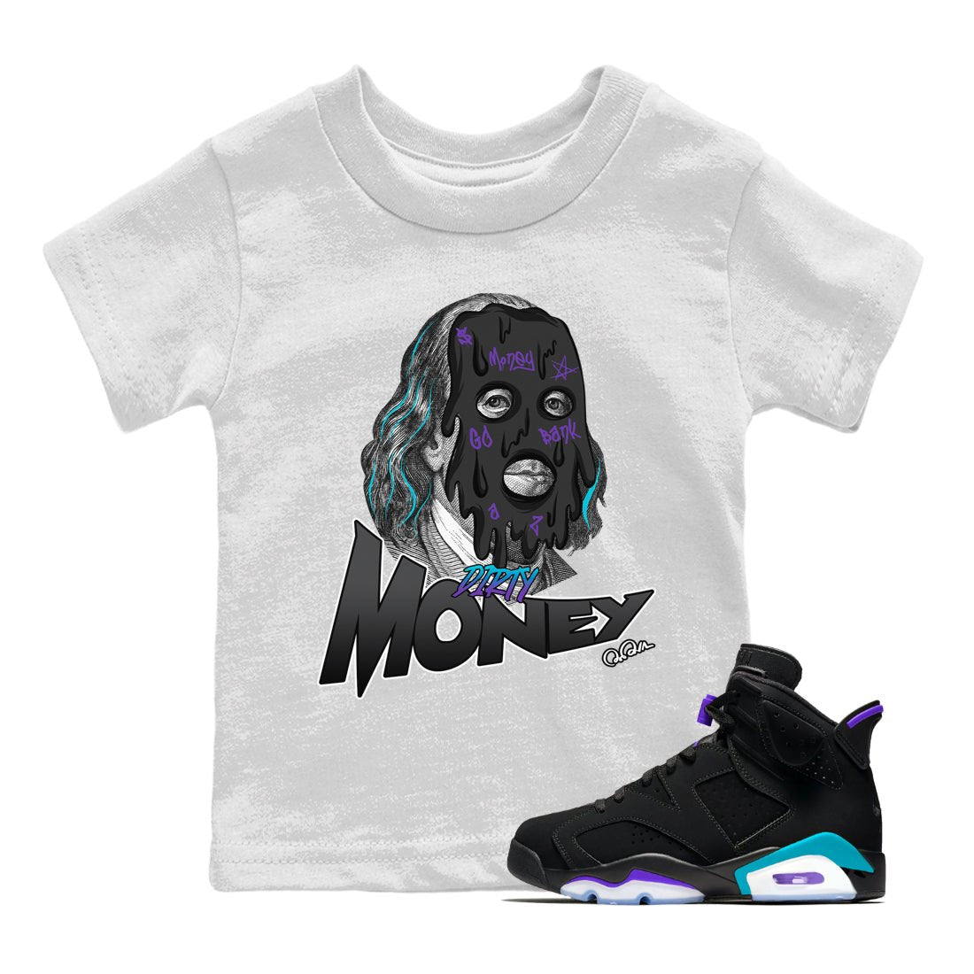Air Jordan 6 Aqua Sneaker Match Tees Dirty Money Sneaker Tees AJ6 Aqua Sneaker Release Tees Kids Shirts White 1