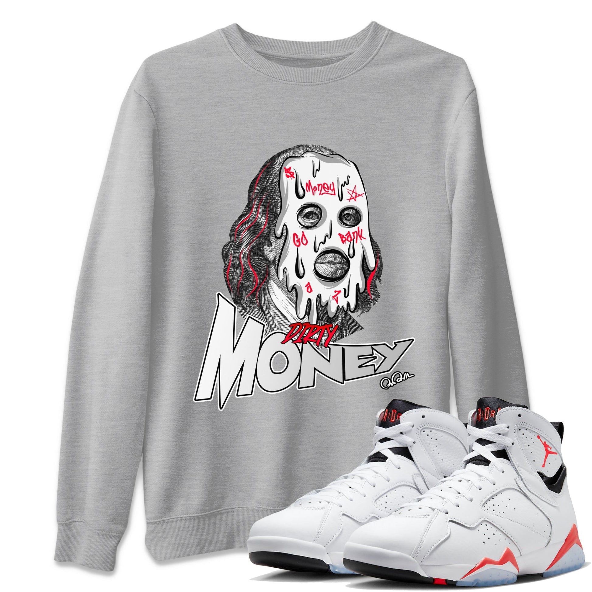 Air Jordan 7 Infrared Sneaker Match Tees Dirty Money Sneaker Tees AJ7 Infrared Sneaker Release Tees Unisex Shirts Heather Grey 1