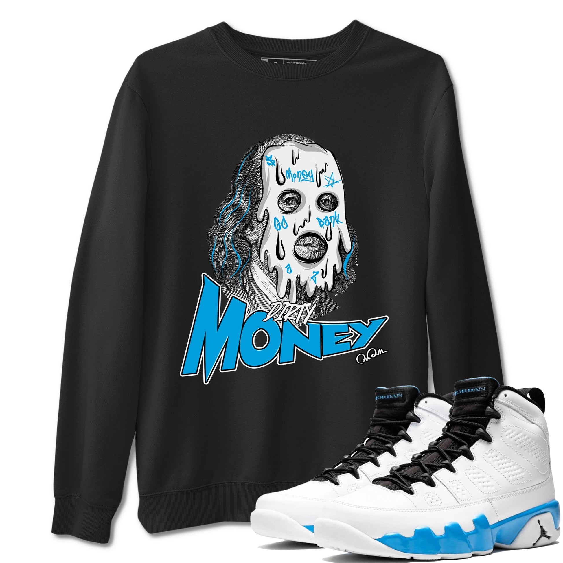 9s Powder Blue shirt to match jordans Dirty Money sneaker tees Air Jordan 9 Powder Blue SNRT Sneaker Release Tees unisex cotton Black 1 crew neck shirt