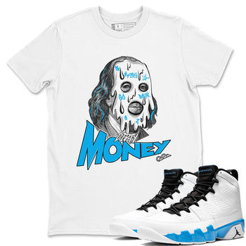9s Powder Blue shirt to match jordans Dirty Money sneaker tees Air Jordan 9 Powder Blue SNRT Sneaker Release Tees unisex cotton White 1 crew neck shirt