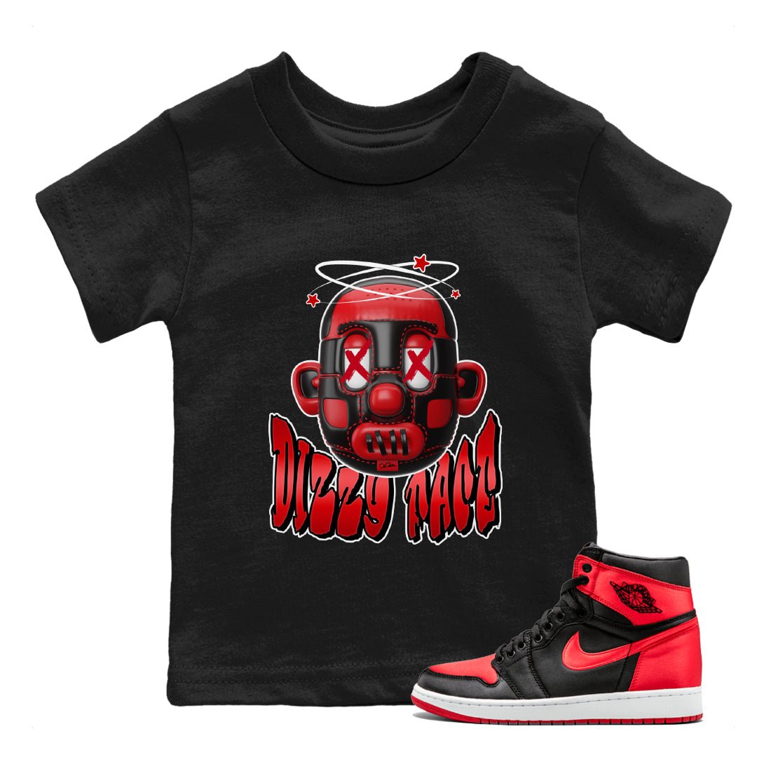 Air Jordan 1 Satin Bred Sneaker Match Tees Dizzy Face Sneaker Tees AJ1 Satin Bred Sneaker Release Tees Kids Shirts Black 1