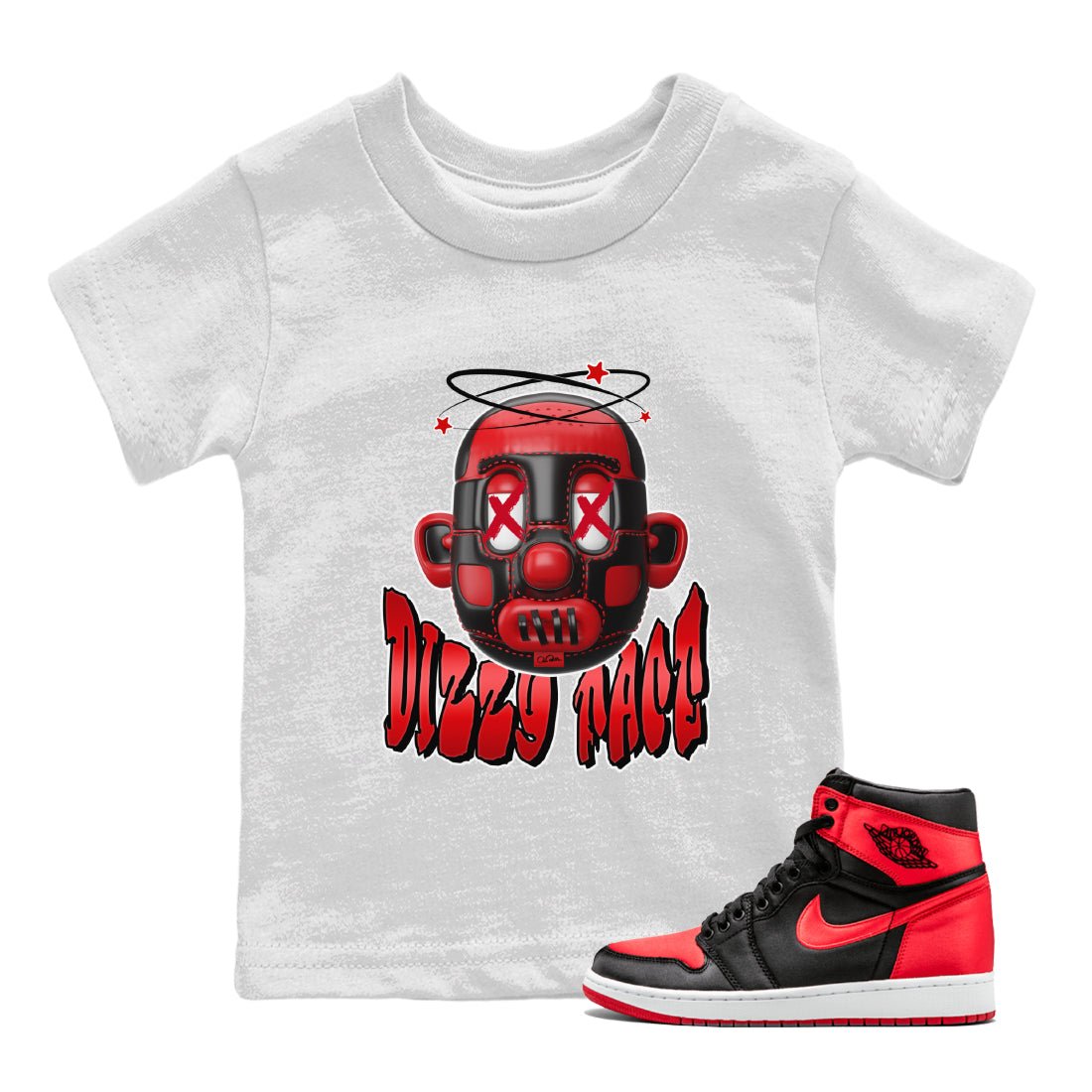 Air Jordan 1 Satin Bred Sneaker Match Tees Dizzy Face Sneaker Tees AJ1 Satin Bred Sneaker Release Tees Kids Shirts White 1