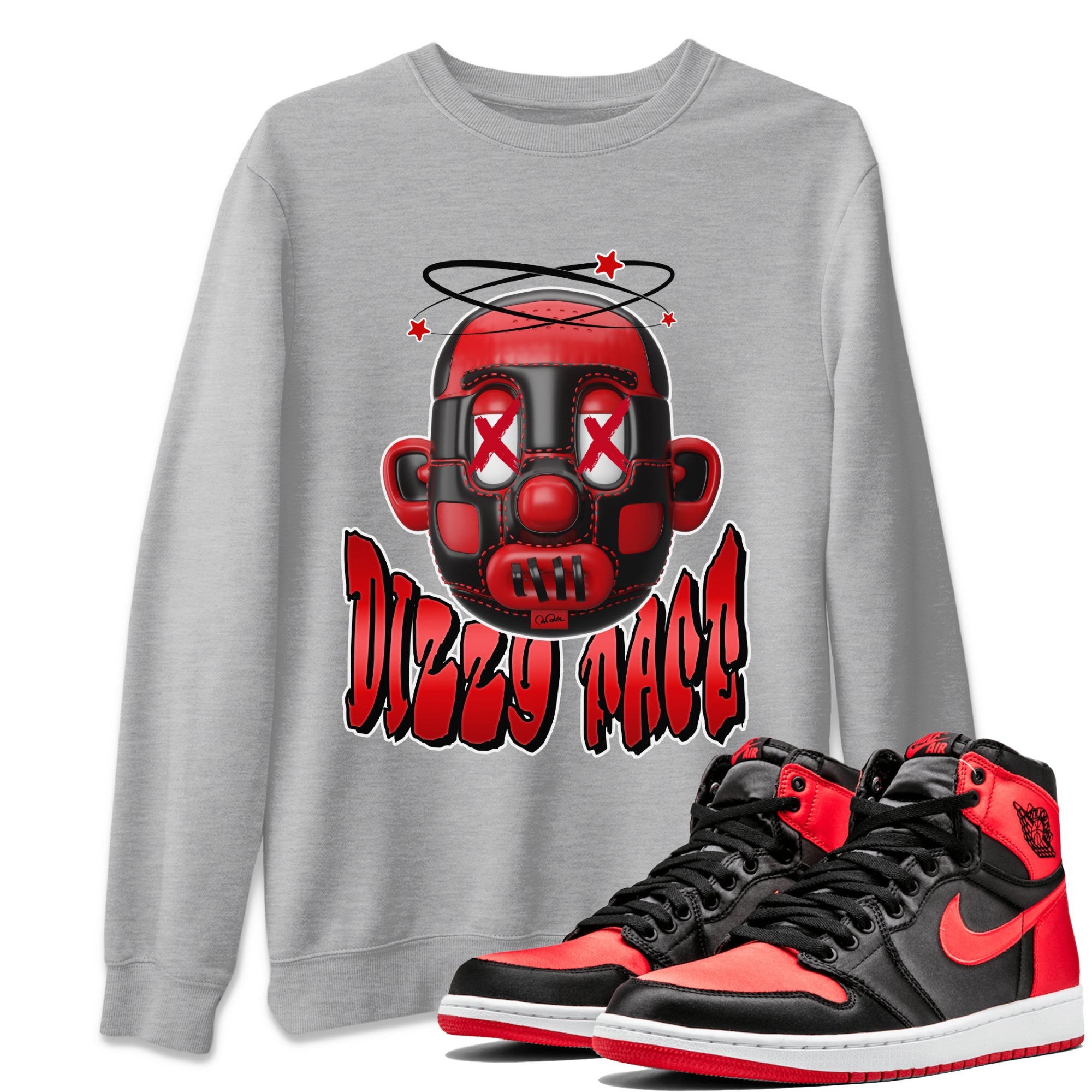 Air Jordan 1 Satin Bred Sneaker Match Tees Dizzy Face Sneaker Tees AJ1 Satin Bred Sneaker Release Tees Unisex Shirts Heather Grey 1