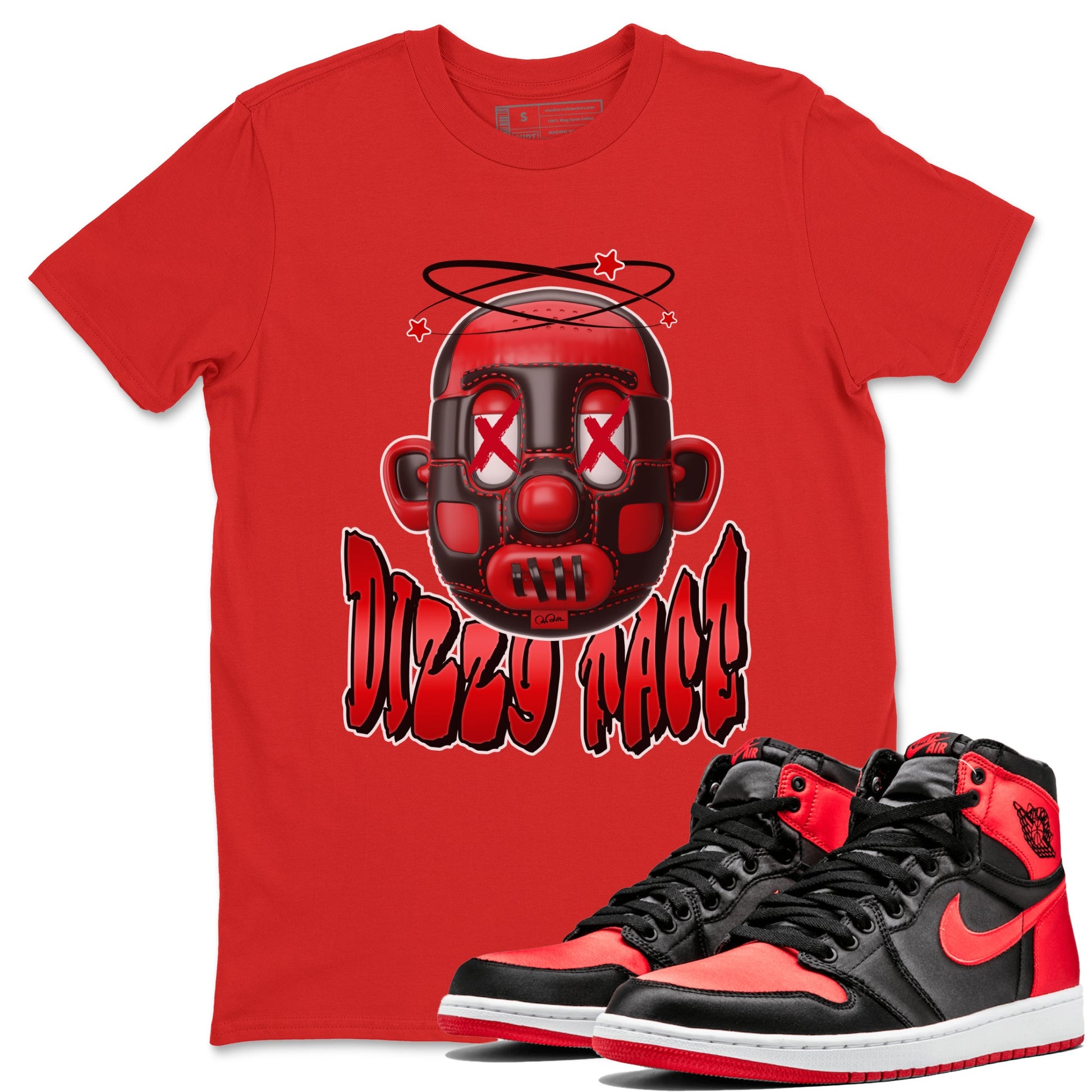 Air Jordan 1 Satin Bred Sneaker Match Tees Dizzy Face Sneaker Tees AJ1 Satin Bred Sneaker Release Tees Unisex Shirts Red 1