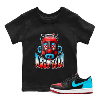 Air Jordan 1 UNC to Chicago Sneaker Match Tees Dizzy Face Sneaker Tees AJ1 UNC to Chicago Sneaker Release Tees Kids Shirts Black 1