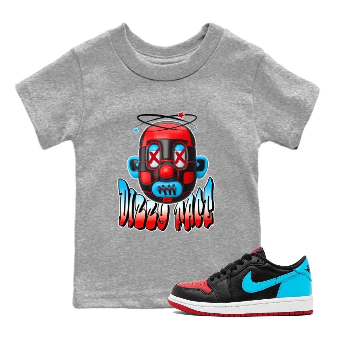 Air Jordan 1 UNC to Chicago Sneaker Match Tees Dizzy Face Sneaker Tees AJ1 UNC to Chicago Sneaker Release Tees Kids Shirts Heather Grey 1
