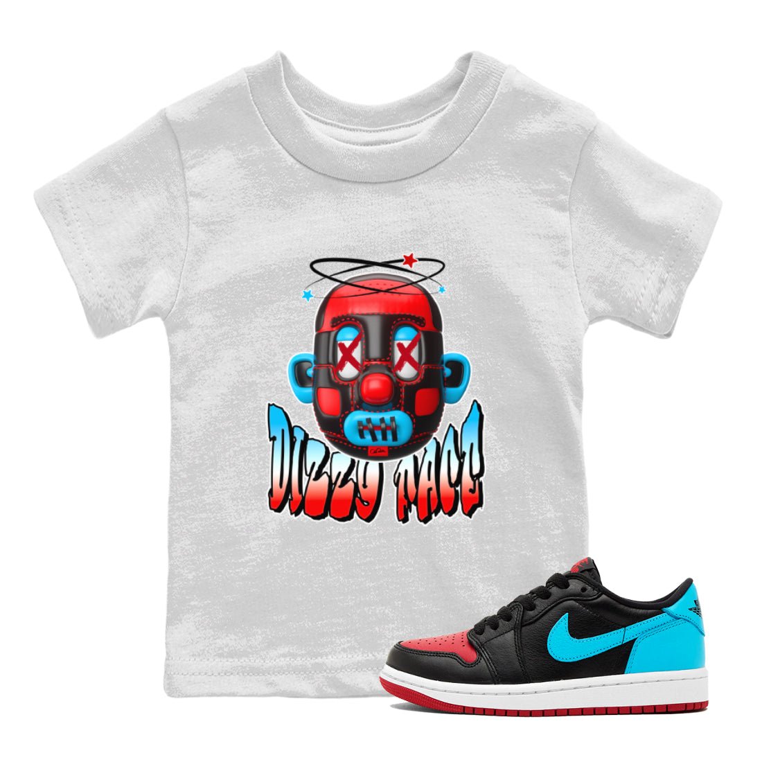 Air Jordan 1 UNC to Chicago Sneaker Match Tees Dizzy Face Sneaker Tees AJ1 UNC to Chicago Sneaker Release Tees Kids Shirts White 1