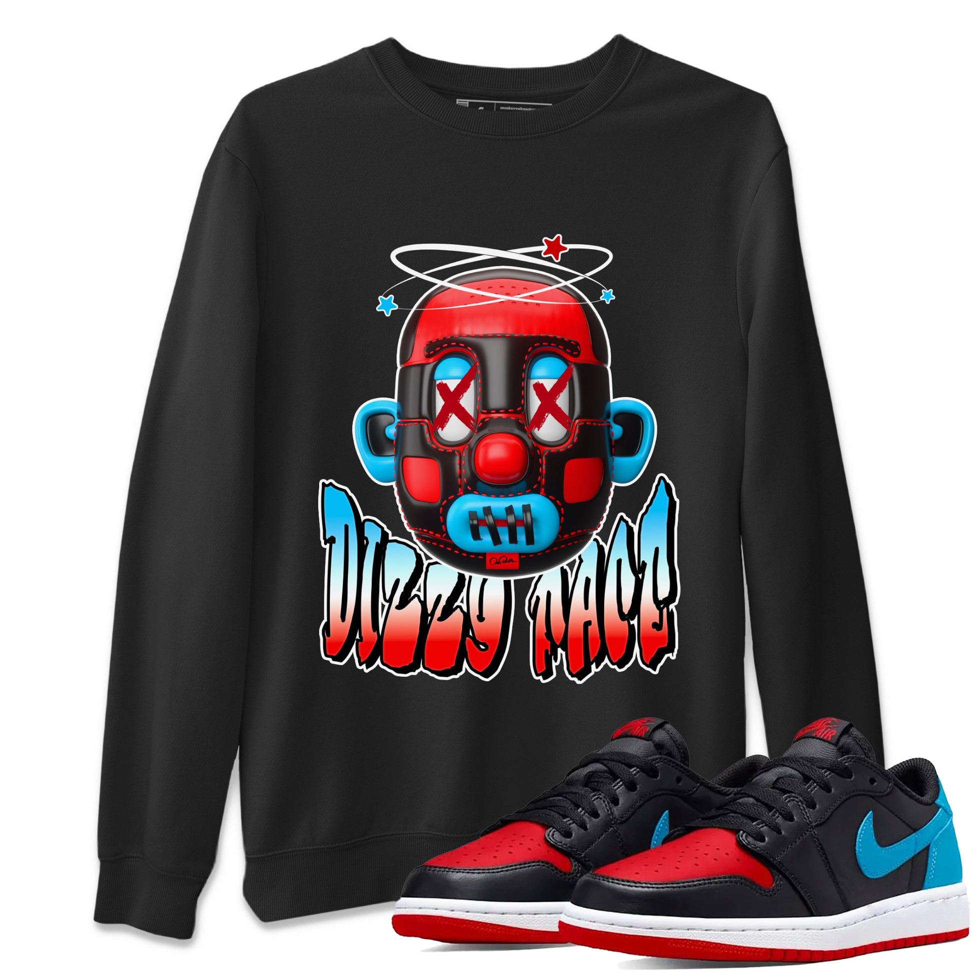 Air Jordan 1 UNC to Chicago Sneaker Match Tees Dizzy Face Sneaker Tees AJ1 UNC to Chicago Sneaker Release Tees Unisex Shirts Black 1