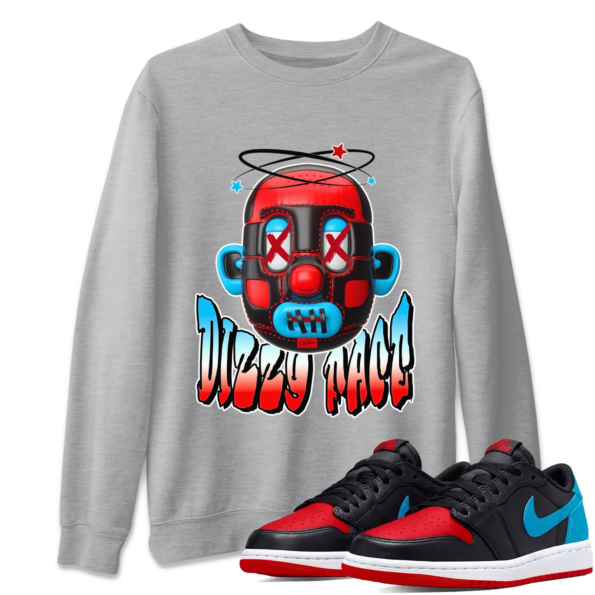 Air Jordan 1 UNC to Chicago Sneaker Match Tees Dizzy Face Sneaker Tees AJ1 UNC to Chicago Sneaker Release Tees Unisex Shirts Heather Grey 1