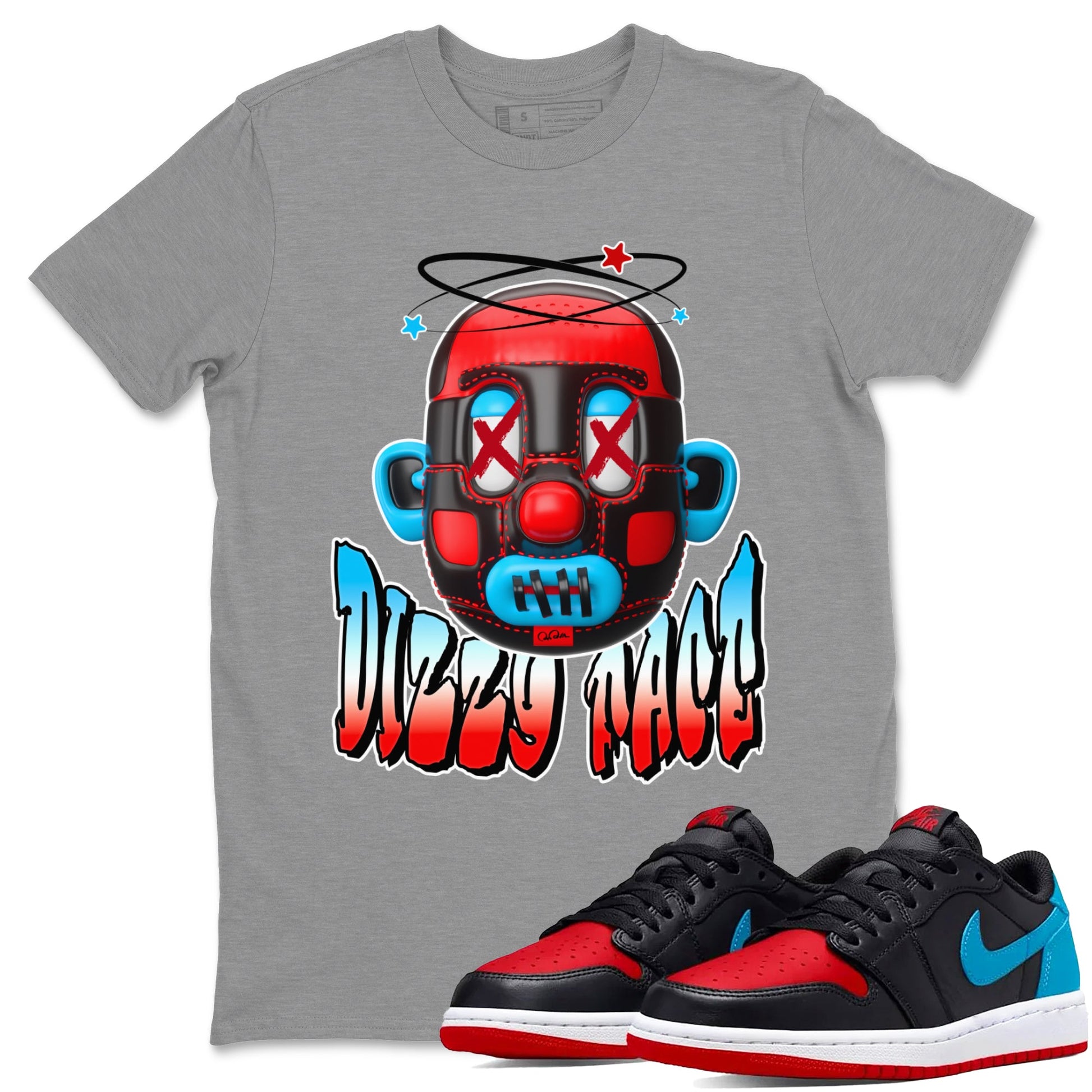 Air Jordan 1 UNC to Chicago Sneaker Match Tees Dizzy Face Sneaker Tees AJ1 UNC to Chicago Sneaker Release Tees Unisex Shirts Heather Grey 1
