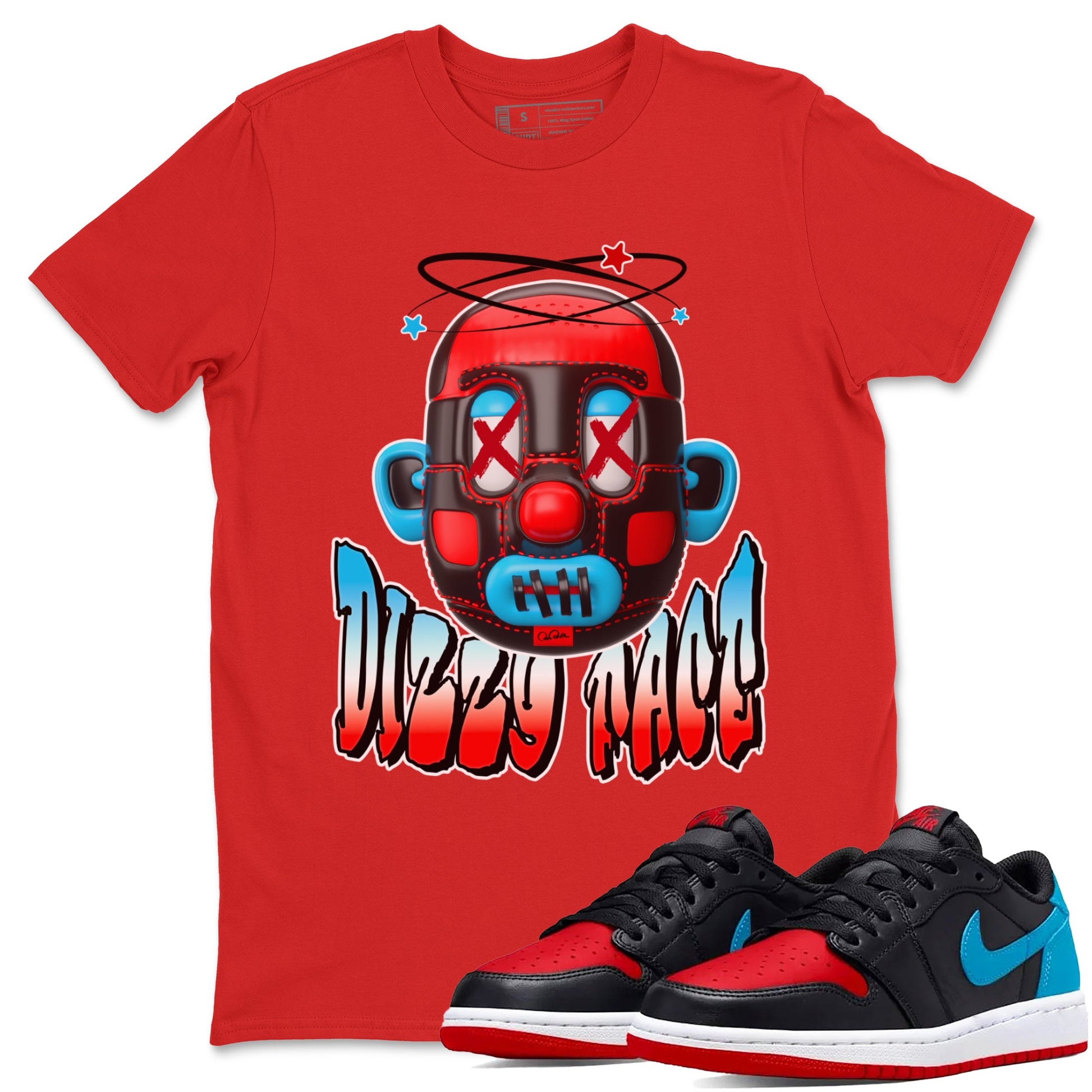 Air Jordan 1 UNC to Chicago Sneaker Match Tees Dizzy Face Sneaker Tees AJ1 UNC to Chicago Sneaker Release Tees Unisex Shirts Red 1
