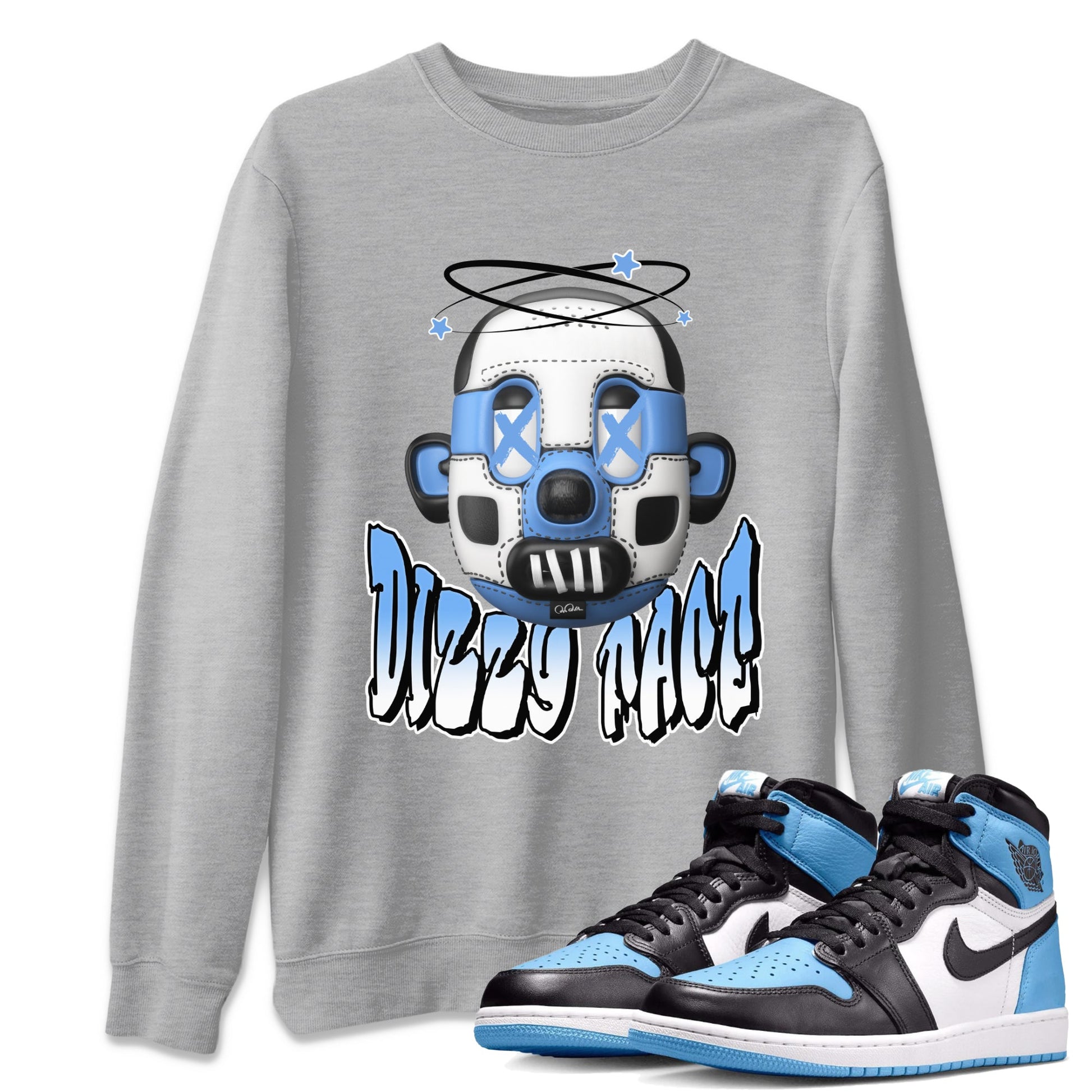 Air Jordan 1 Retro High OG UNC Toe Shirt to match Jordans Dizzy Face Sneaker Tees AJ1 UNC Toe SNRT Sneaker Release Tees Crew Neck T-Shirts Heather Grey 1