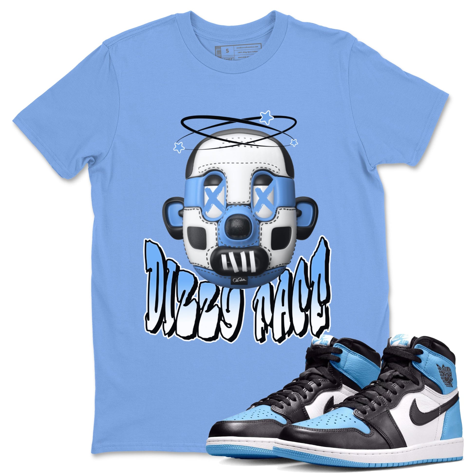 Air Jordan 1 Retro High OG UNC Toe Shirt to match Jordans Dizzy Face Sneaker Tees AJ1 UNC Toe SNRT Sneaker Release Tees Crew Neck T-Shirts Carolina Blue 1