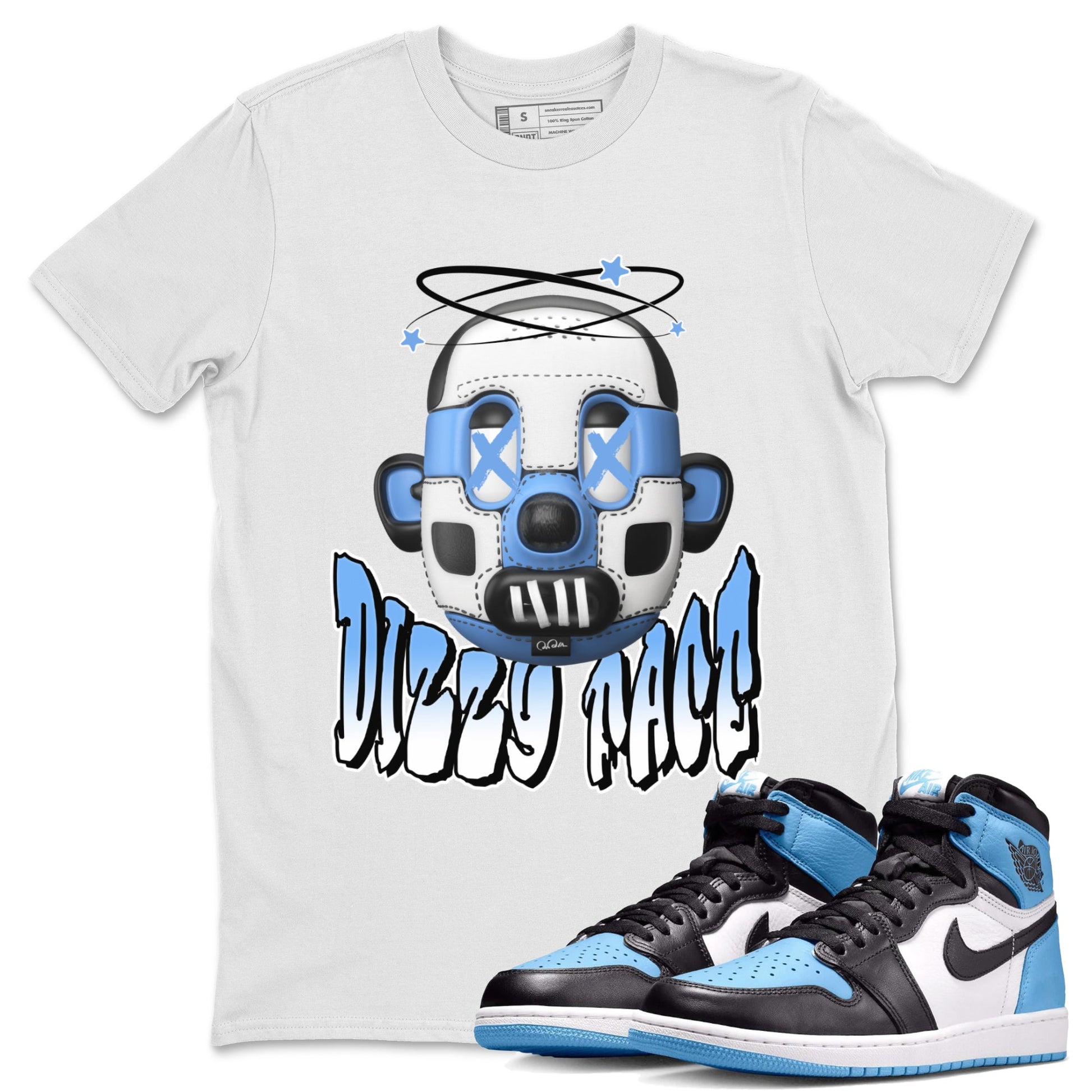 Air Jordan 1 Retro High OG UNC Toe Shirt to match Jordans Dizzy Face Sneaker Tees AJ1 UNC Toe SNRT Sneaker Release Tees Crew Neck T-Shirts White 1