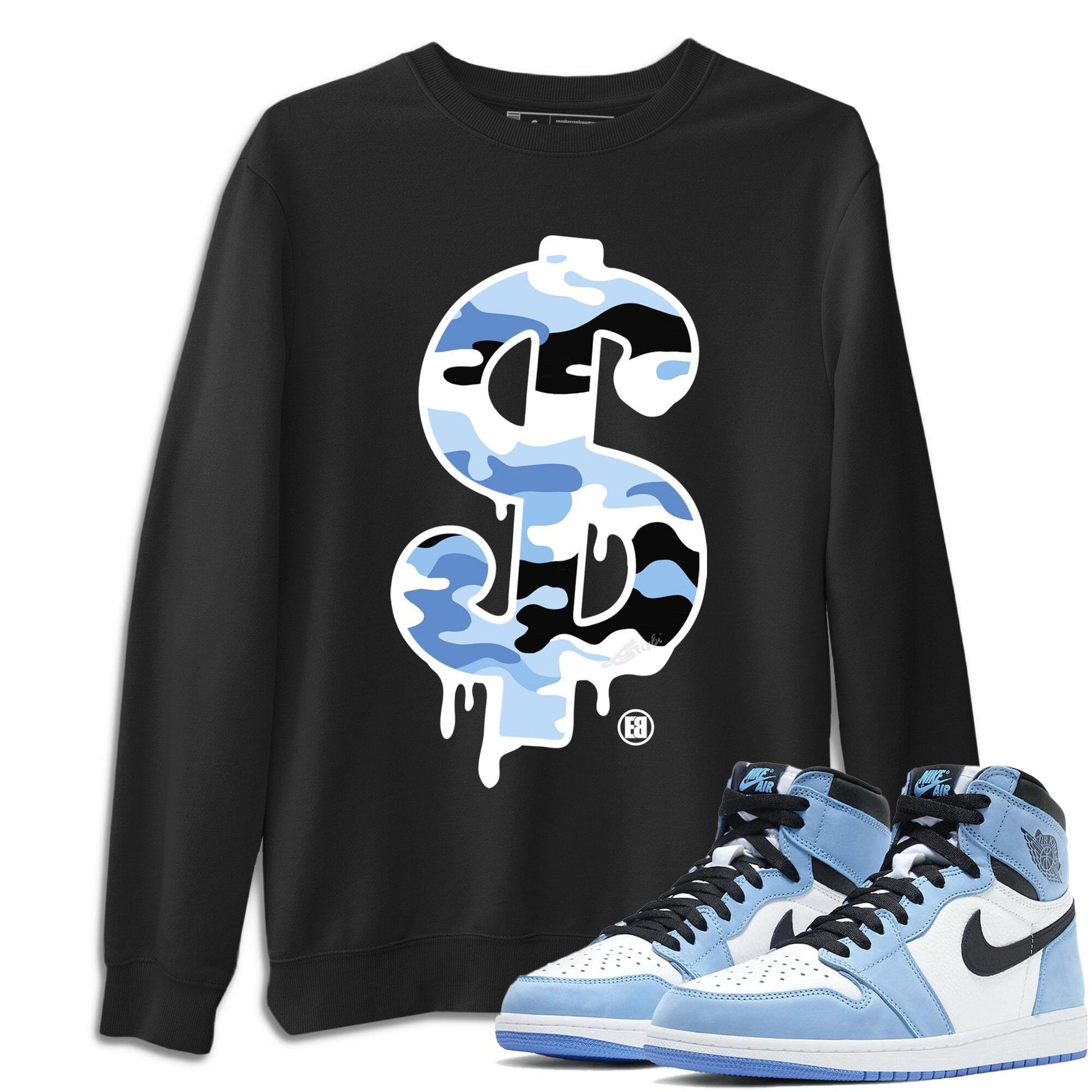 Jordan 1 University Blue Sneaker Match Tees Dollar Camo Sneaker Tees Jordan 1 University Blue Sneaker Release Tees Unisex Shirts