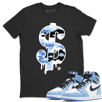 Jordan 1 University Blue Sneaker Match Tees Dollar Camo Sneaker Tees Jordan 1 University Blue Sneaker Release Tees Unisex Shirts