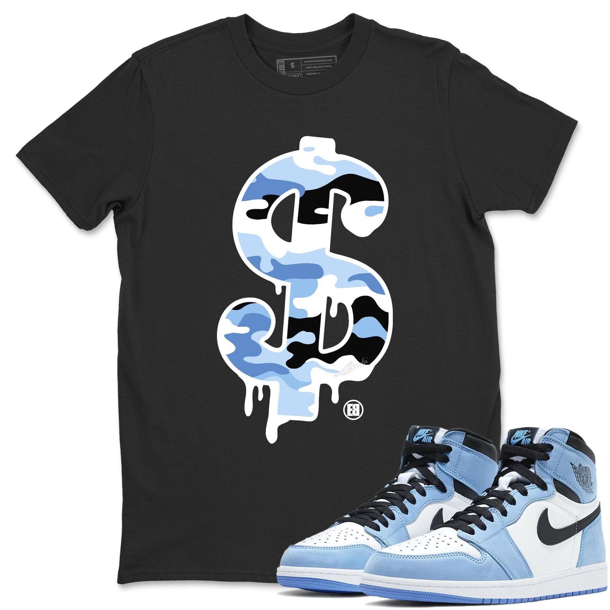 Jordan 1 University Blue Sneaker Match Tees Dollar Camo Sneaker Tees Jordan 1 University Blue Sneaker Release Tees Unisex Shirts