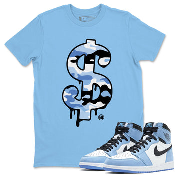 Jordan 1 University Blue Sneaker Match Tees Dollar Camo Sneaker Tees Jordan 1 University Blue Sneaker Release Tees Unisex Shirts