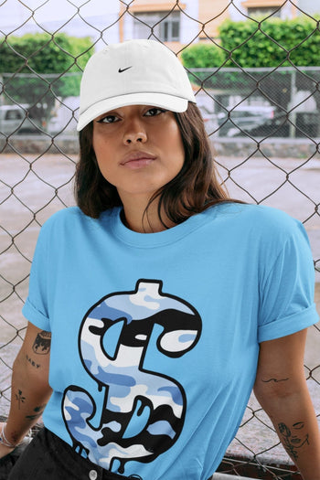 Jordan 1 University Blue Sneaker Match Tees Dollar Camo Sneaker Tees Jordan 1 University Blue Sneaker Release Tees Unisex Shirts