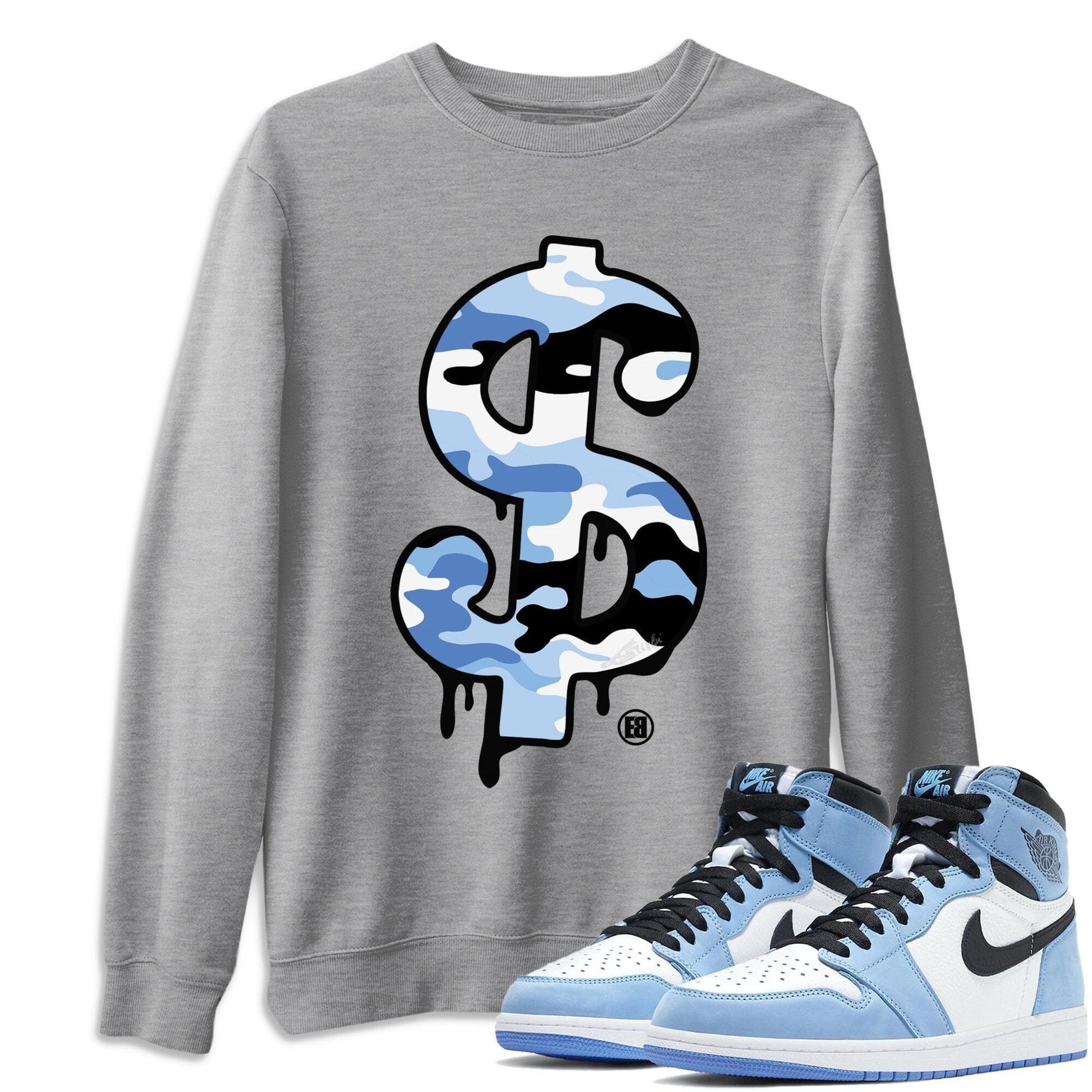 Jordan 1 University Blue Sneaker Match Tees Dollar Camo Sneaker Tees Jordan 1 University Blue Sneaker Release Tees Unisex Shirts