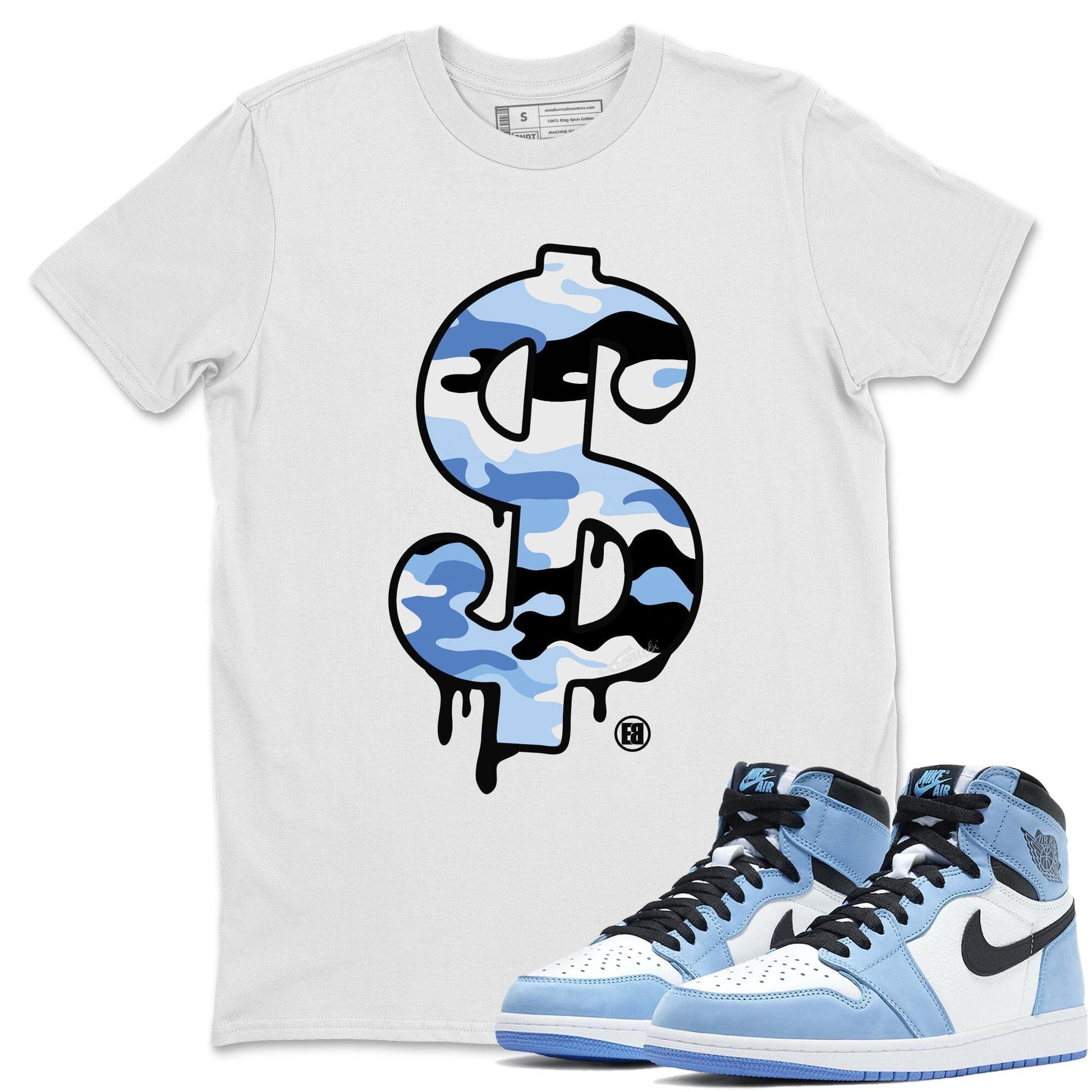 Jordan 1 University Blue Sneaker Match Tees Dollar Camo Sneaker Tees Jordan 1 University Blue Sneaker Release Tees Unisex Shirts