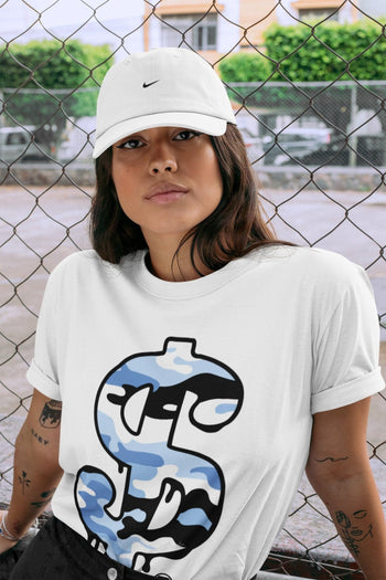 Jordan 1 University Blue Sneaker Match Tees Dollar Camo Sneaker Tees Jordan 1 University Blue Sneaker Release Tees Unisex Shirts