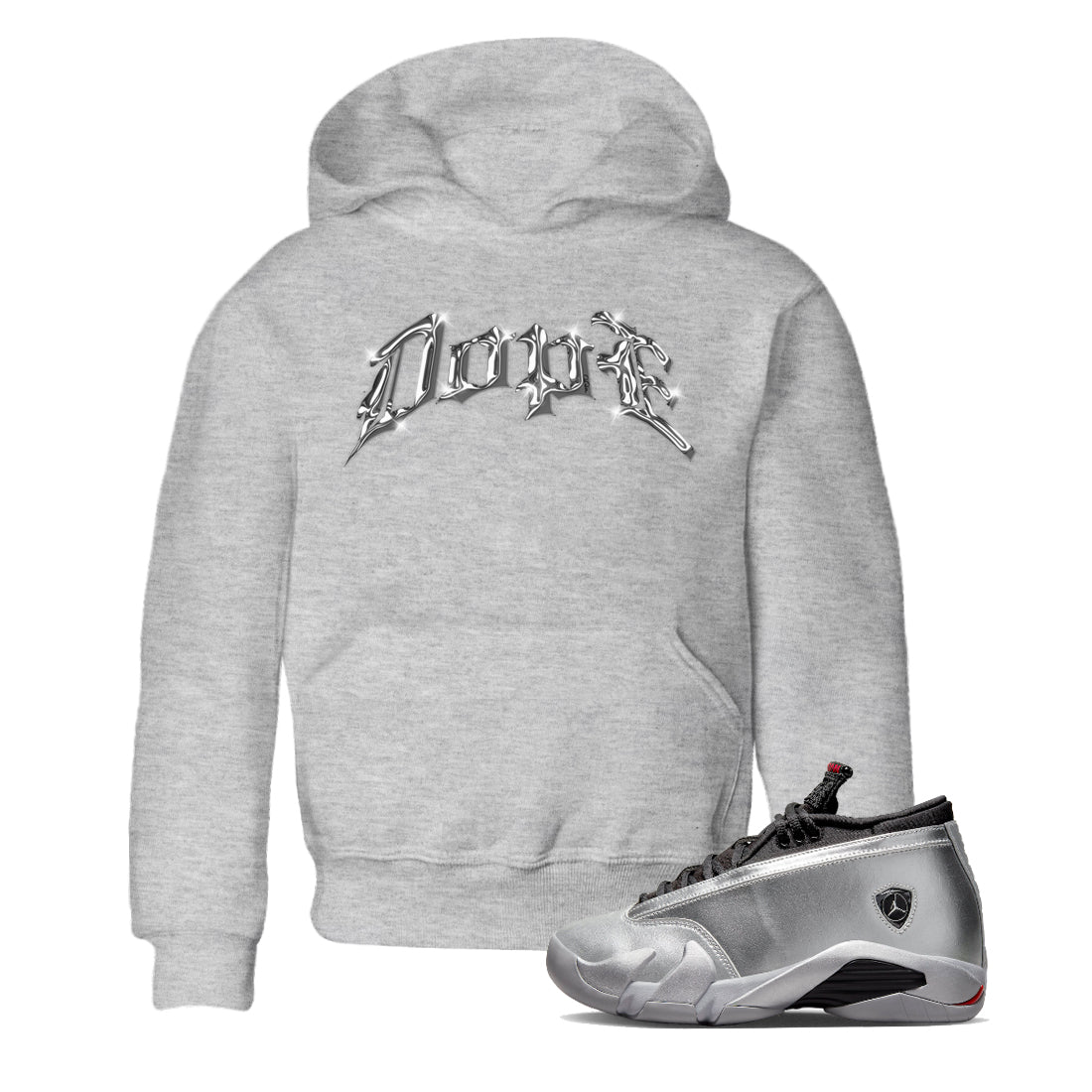Air Jordan 14 Metallic Silver Sneaker Match Tees Dope Sneaker Tees AJ14 Metallic Silver Sneaker Release Tees Kids Shirts Heather Grey 1