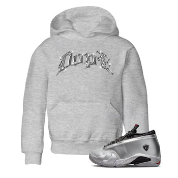 Air Jordan 14 Metallic Silver Sneaker Match Tees Dope Sneaker Tees AJ14 Metallic Silver Sneaker Release Tees Kids Shirts Heather Grey 1