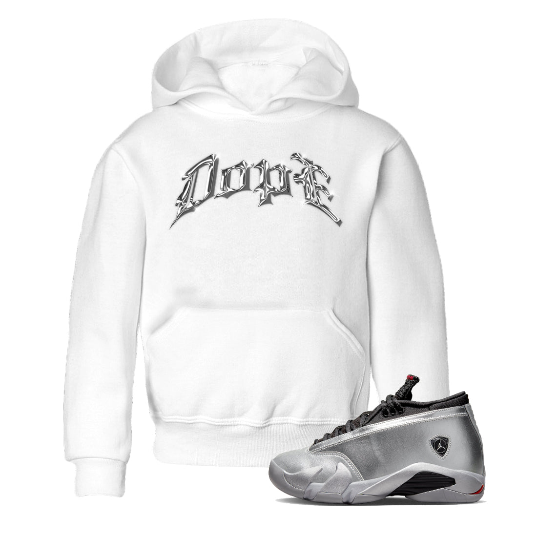 Air Jordan 14 Metallic Silver Sneaker Match Tees Dope Sneaker Tees AJ14 Metallic Silver Sneaker Release Tees Kids Shirts White 1