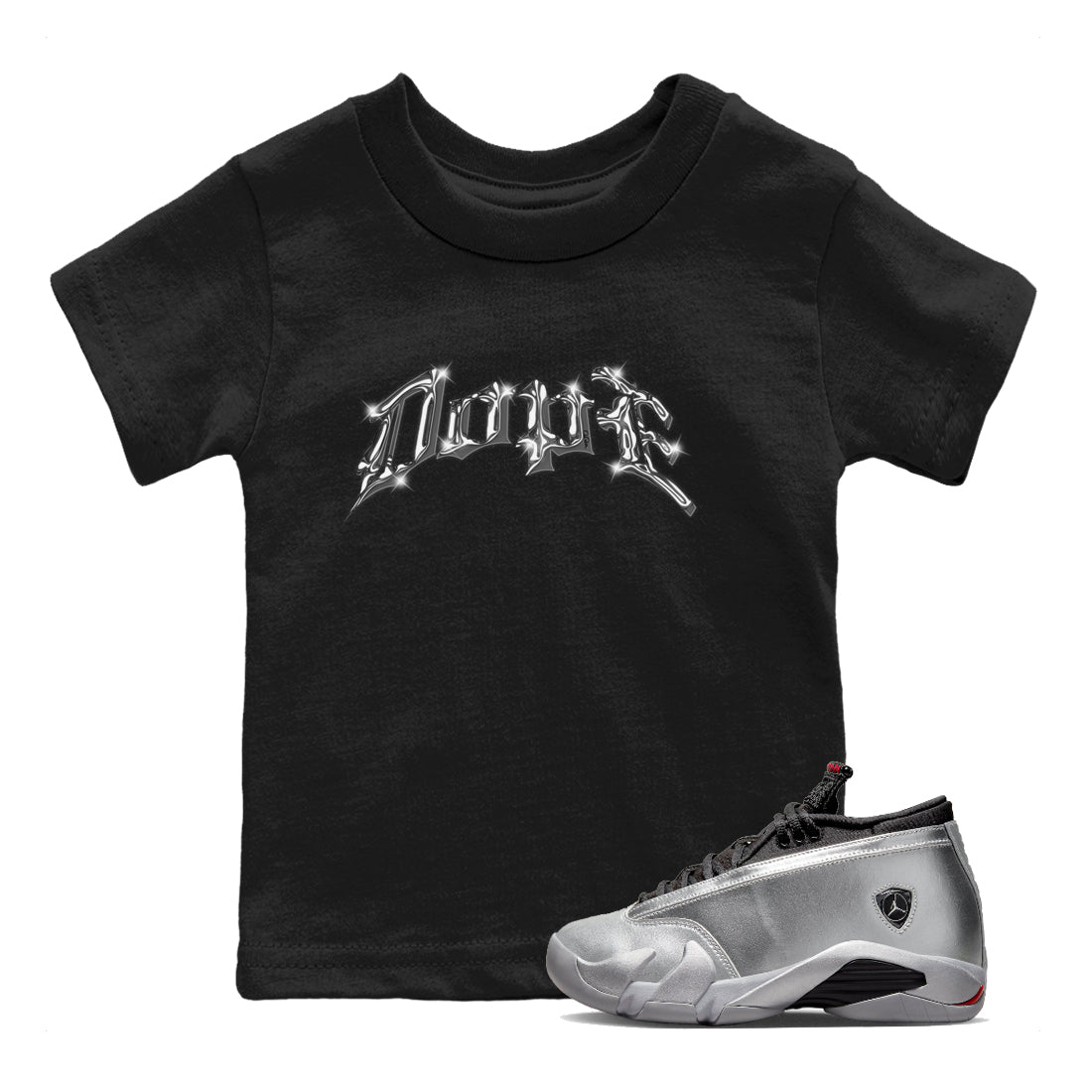 Air Jordan 14 Metallic Silver Sneaker Match Tees Dope Sneaker Tees AJ14 Metallic Silver Sneaker Release Tees Kids Shirts Black 1