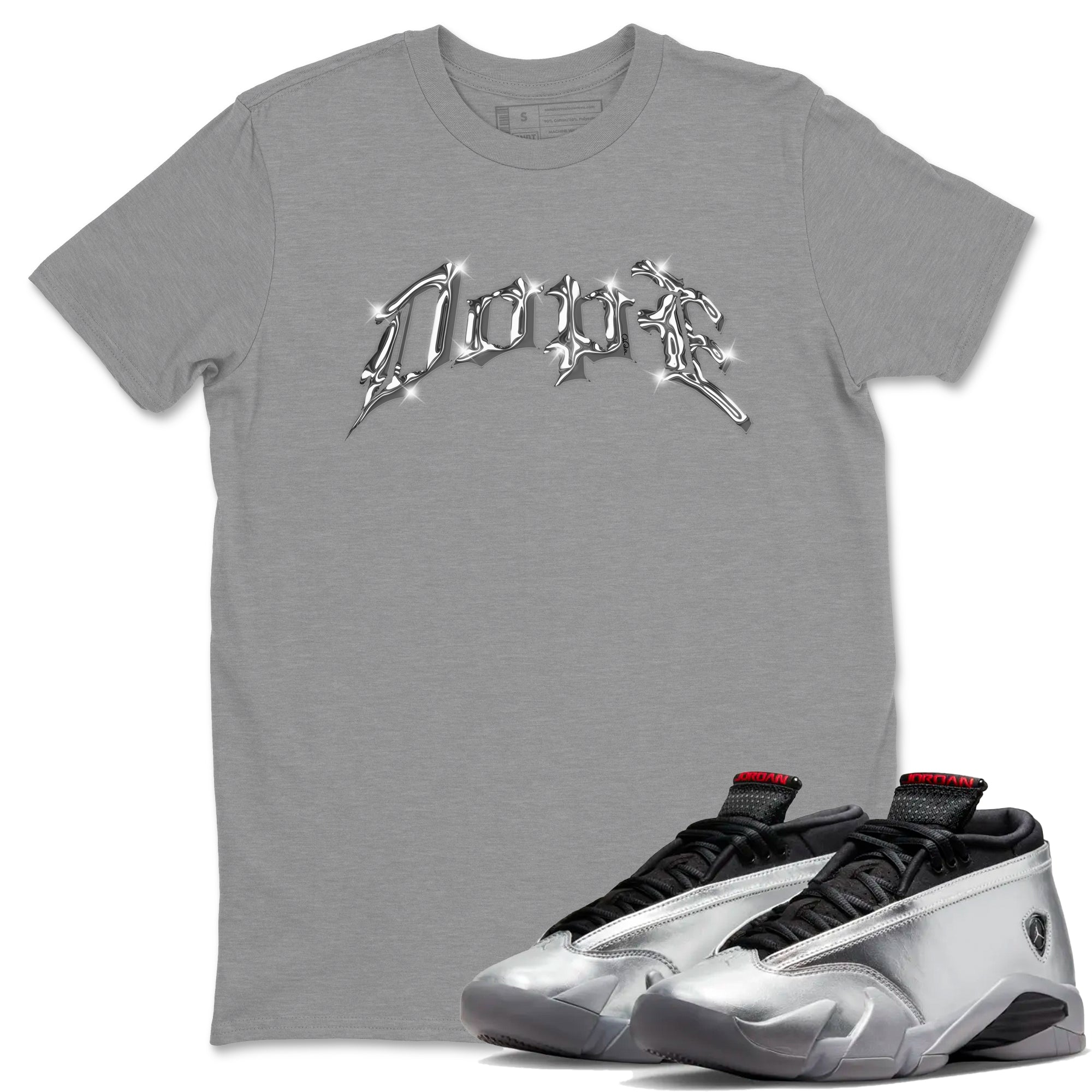 Air Jordan 14 Metallic Silver Dope Crew Neck Sneaker Tees AJ14 Metallic Silver Sneaker T-Shirts Size Chart