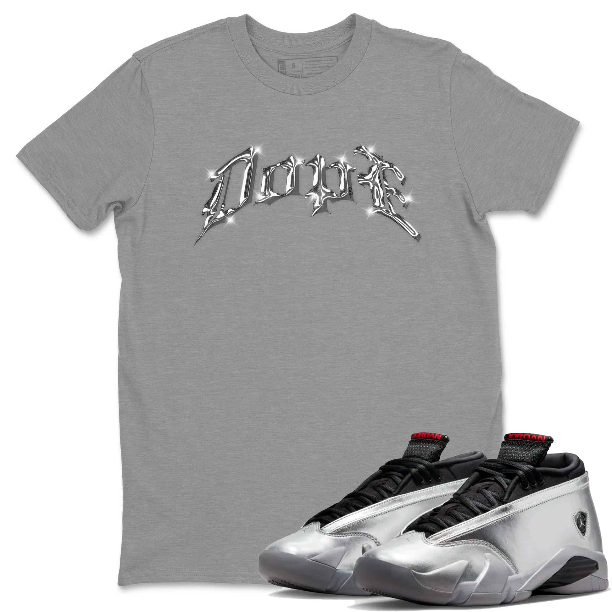 Air Jordan 14 Metallic Silver Dope Crew Neck Sneaker Tees AJ14 Metallic Silver Sneaker T-Shirts Size Chart
