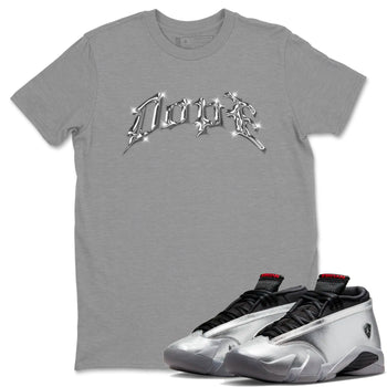 Air Jordan 14 Metallic Silver Dope Crew Neck Sneaker Tees AJ14 Metallic Silver Sneaker T-Shirts Size Chart