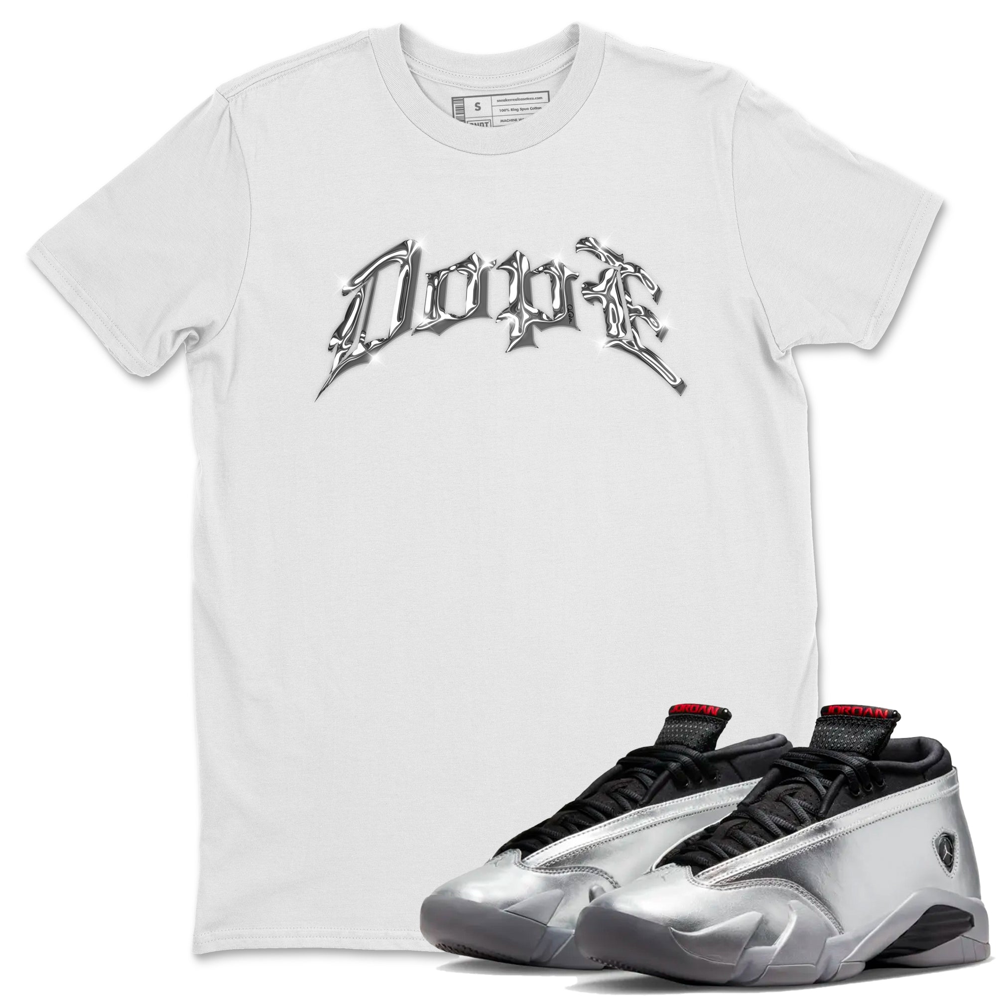 Air Jordan 14 Metallic Silver Sneaker Match Tees Dope Sneaker Tees AJ14 Metallic Silver Sneaker Release Tees Unisex Shirts White 1