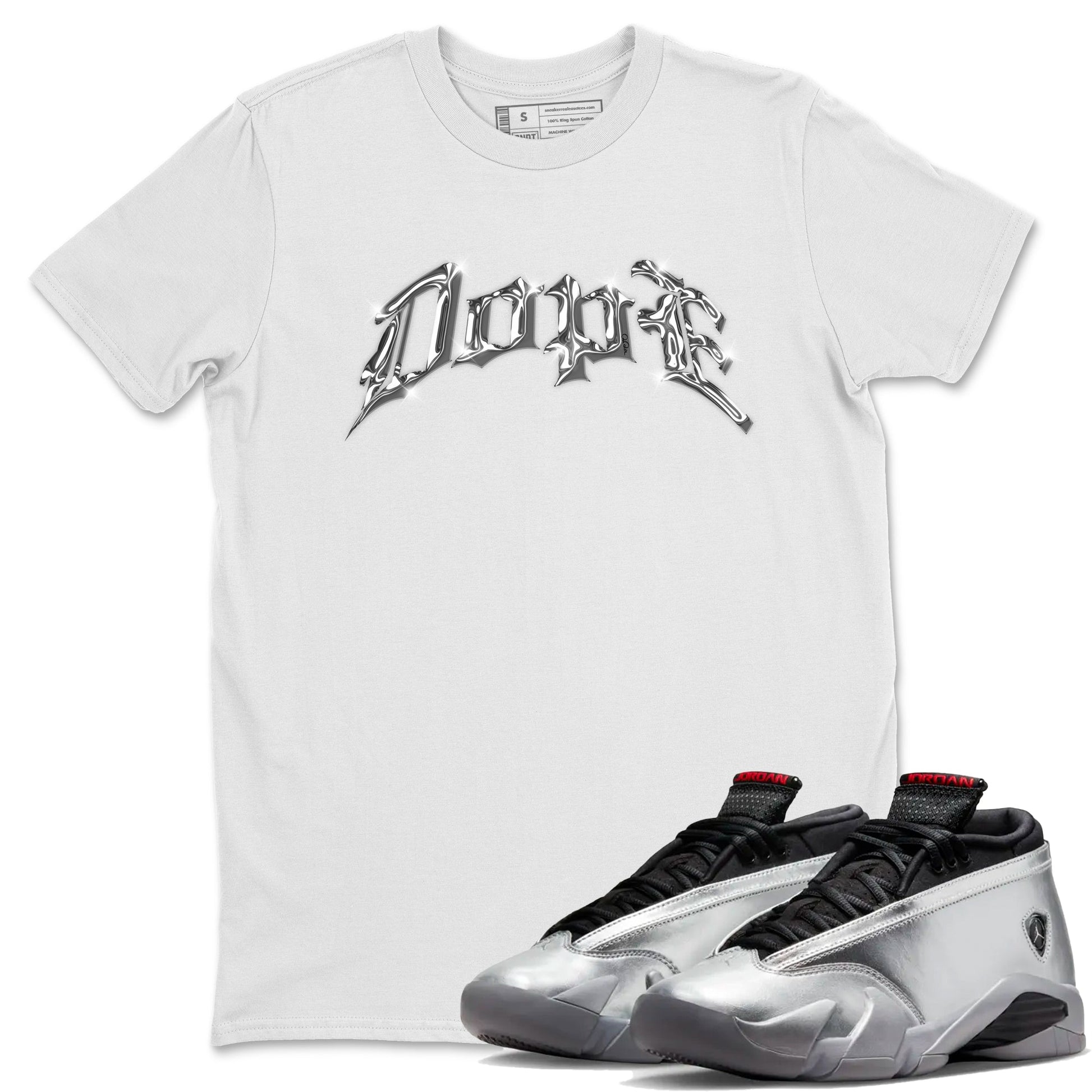 Air Jordan 14 Metallic Silver Sneaker Match Tees Dope Sneaker Tees AJ14 Metallic Silver Sneaker Release Tees Unisex Shirts White 1
