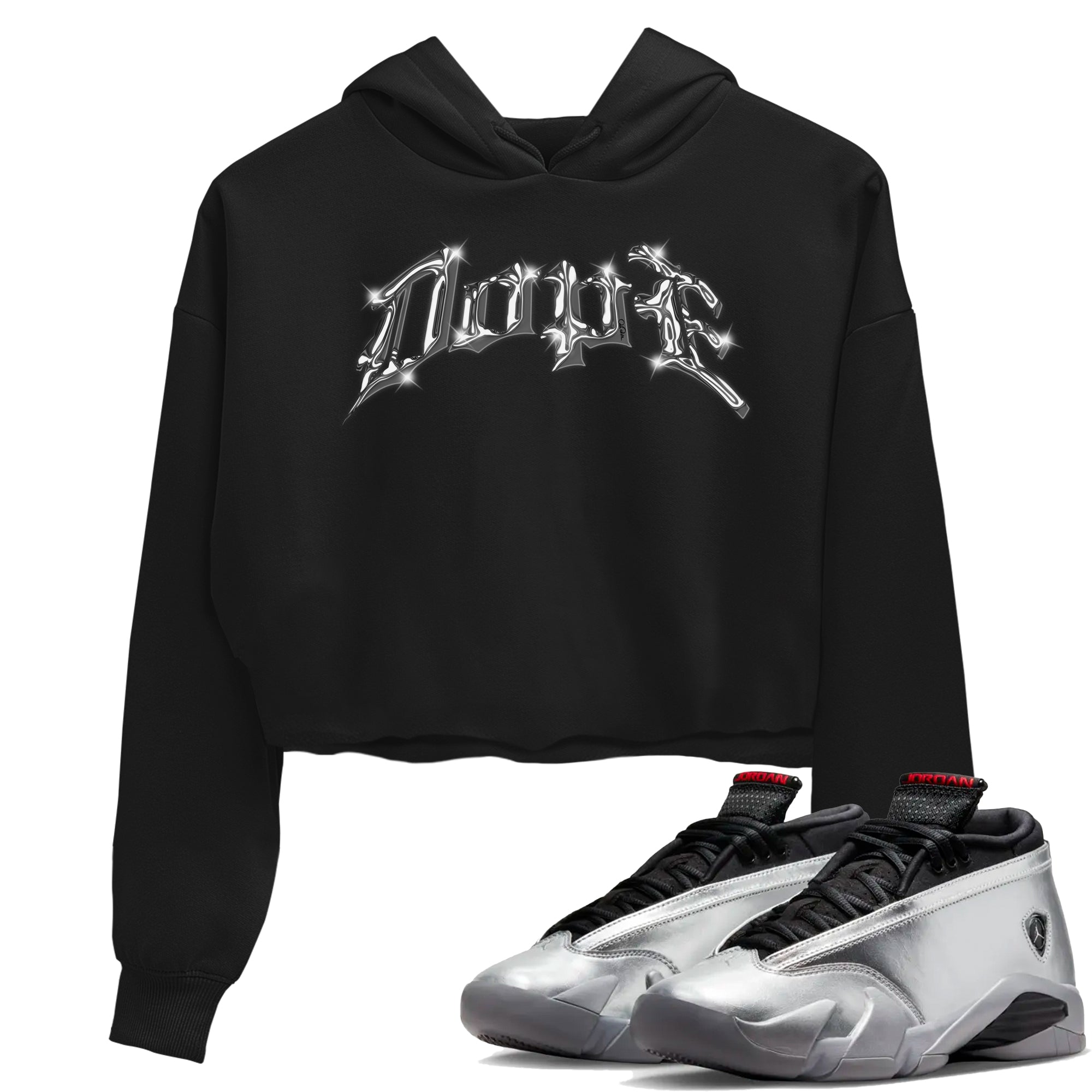 Air Jordan 14 Metallic Silver Sneaker Match Tees Dope Sneaker Tees AJ14 Metallic Silver Sneaker Release Tees Women's Shirts Black 1