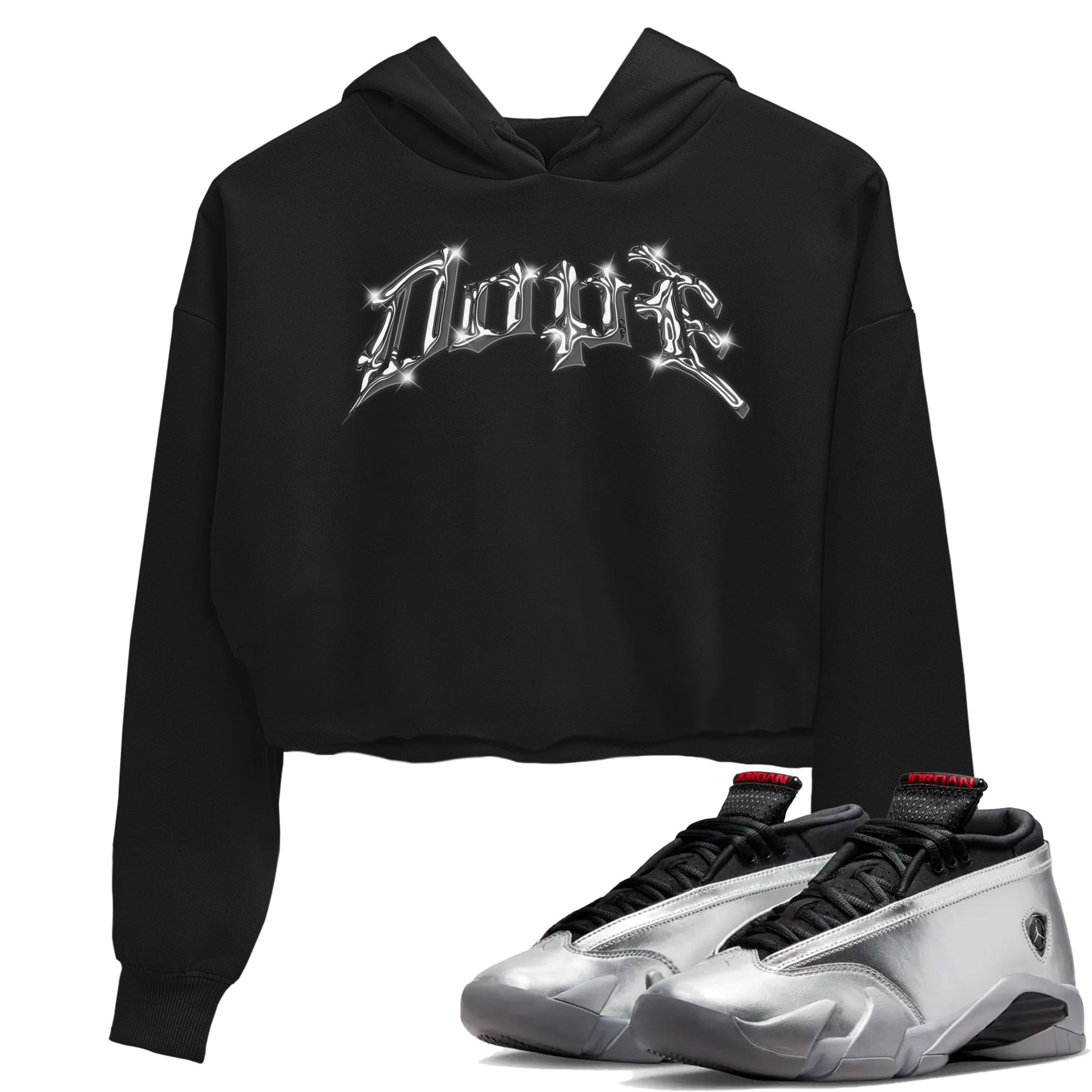 Air Jordan 14 Metallic Silver Sneaker Match Tees Dope Sneaker Tees AJ14 Metallic Silver Sneaker Release Tees Women's Shirts Black 1