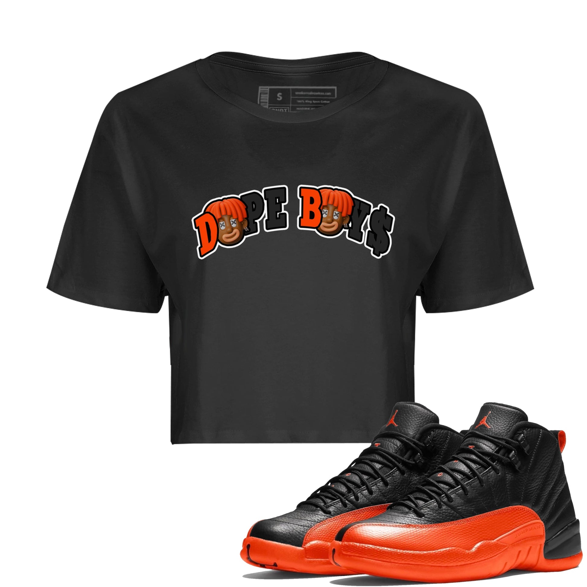 Air Jordan 12 Brilliant Orange Sneaker Match Tees Dope Boys Sneaker Tees AJ12 Brilliant Orange Sneaker Release Tees Women's Shirts Black 1