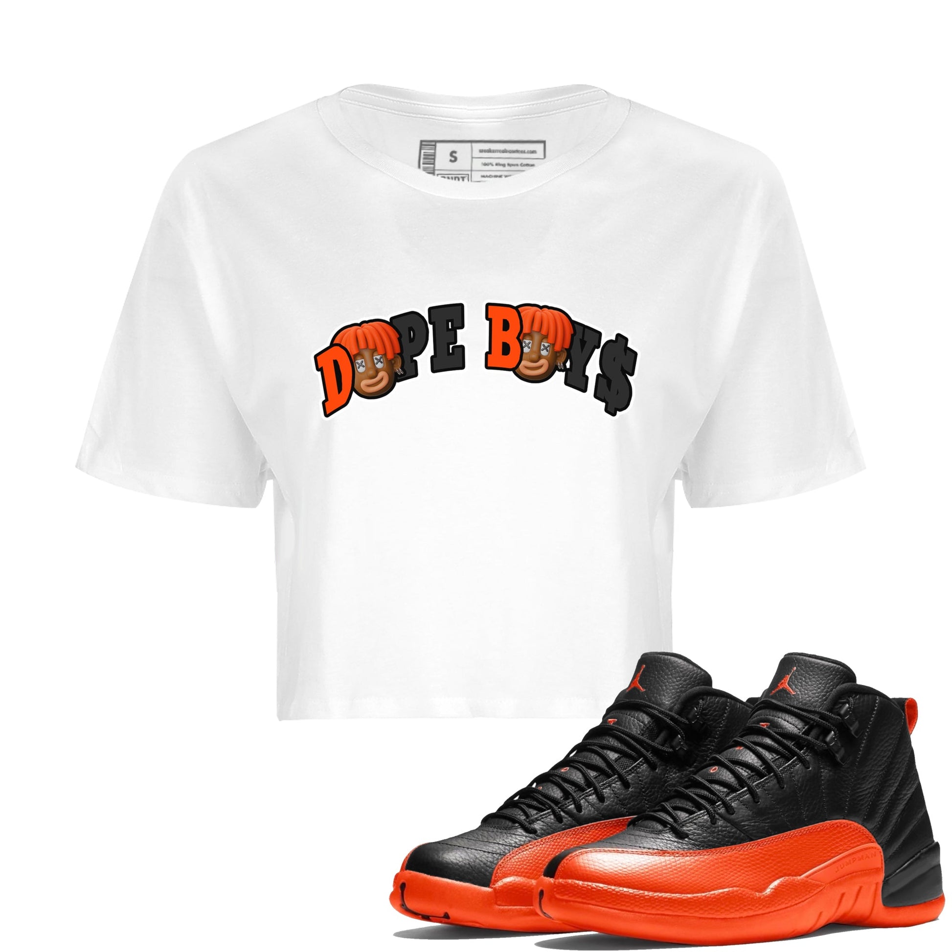 Air Jordan 12 Brilliant Orange Sneaker Match Tees Dope Boys Sneaker Tees AJ12 Brilliant Orange Sneaker Release Tees Women's Shirts White 1