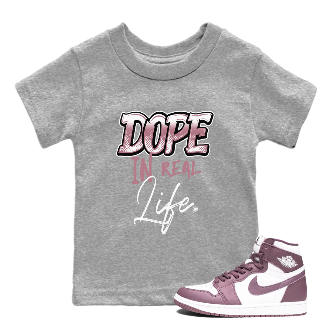Air Jordan 1 High OG WMNS Mauve shirt to match jordans Dope In Real Life sneaker tees Air Jordan 1 Mauve SNRT Sneaker Release Tees Baby Toddler Heather Grey 1 T-Shirt