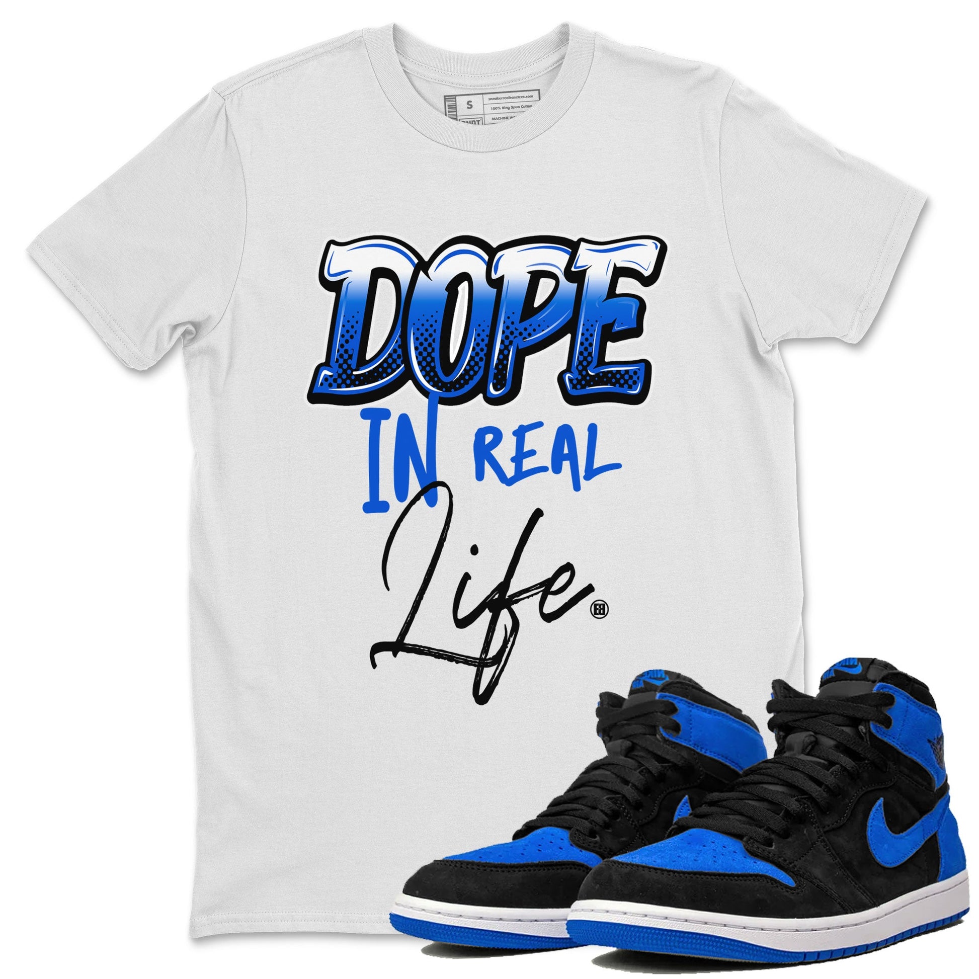 Jordan 1 High OG Royal Reimagined shirt to match jordans Dope In Real Life sneaker tees Air Jordan 1 Royal Reimagined SNRT Sneaker Release Tees Crew Neck T-ShirtUnisex White 1 T-Shirt