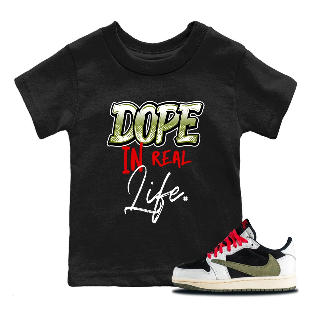 Air Jordan 1 Travis Scott Olive Sneaker Match Tees Dope In Real Life Sneaker Tees Air Jordan 1 Low x Travis Scott x Olive Sneaker Release Tees Kids Shirts Black 1