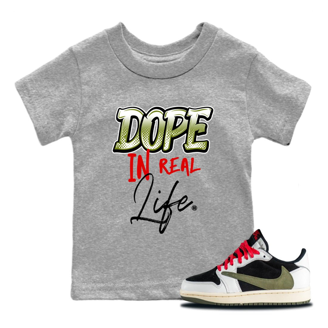 Air Jordan 1 Travis Scott Olive Sneaker Match Tees Dope In Real Life Sneaker Tees Air Jordan 1 Low x Travis Scott x Olive Sneaker Release Tees Kids Shirts Heather Grey 1
