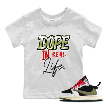 Air Jordan 1 Travis Scott Olive Sneaker Match Tees Dope In Real Life Sneaker Tees Air Jordan 1 Low x Travis Scott x Olive Sneaker Release Tees Kids Shirts White 1
