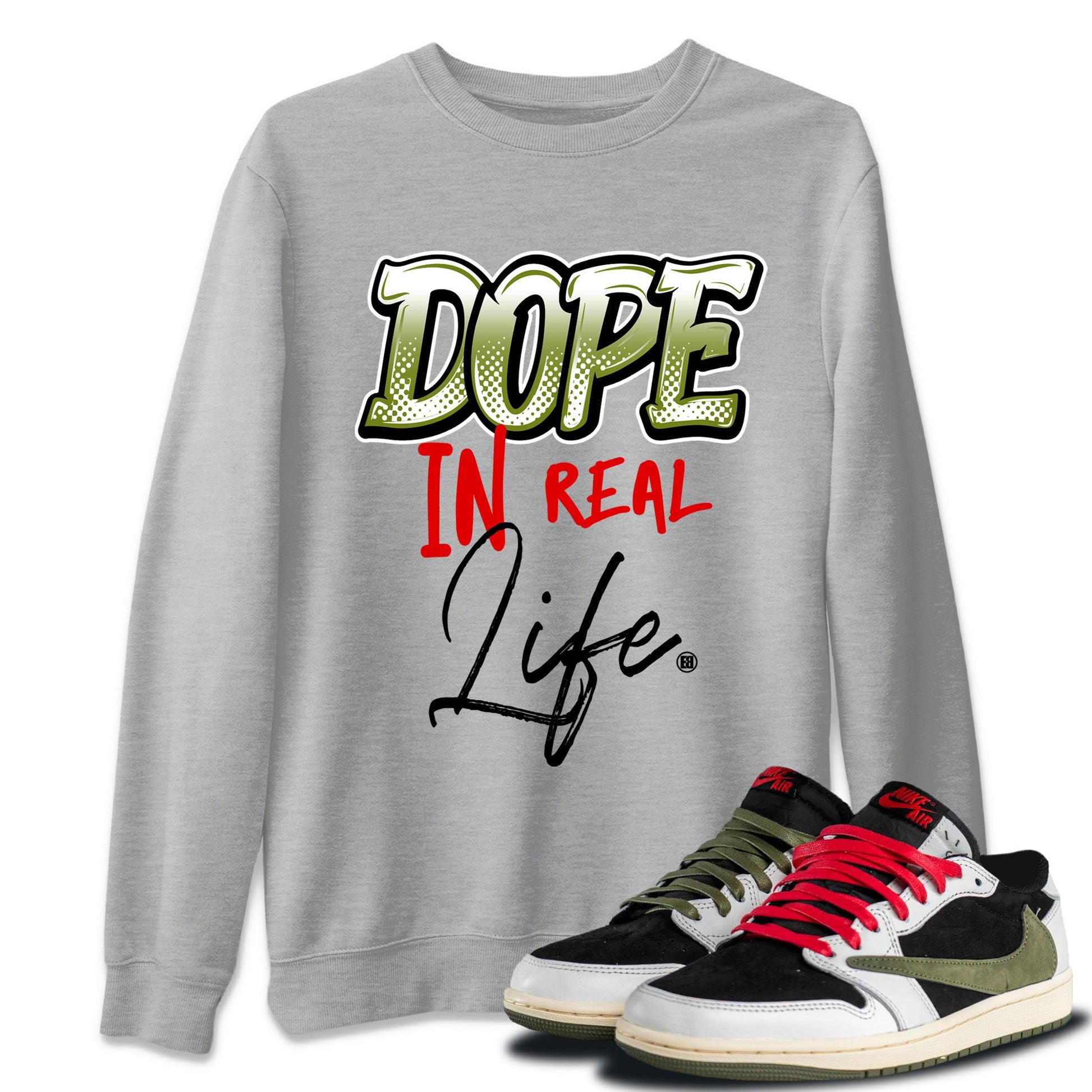 Air Jordan 1 Travis Scott Olive Sneaker Match Tees Dope In Real Life Sneaker Tees Air Jordan 1 Low x Travis Scott x Olive Sneaker Release Tees Unisex Shirts Heather Grey 1