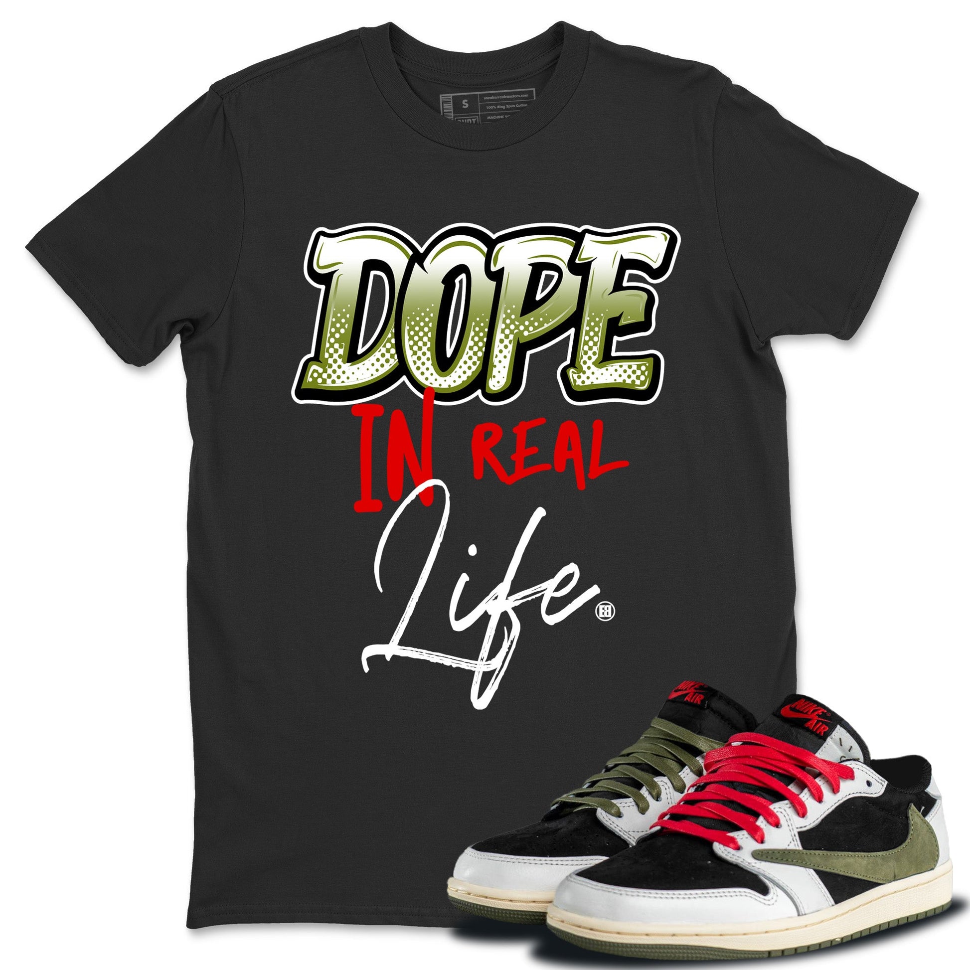Air Jordan 1 Travis Scott Olive Sneaker Match Tees Dope In Real Life Sneaker Tees Air Jordan 1 Low x Travis Scott x Olive Sneaker Release Tees Unisex Shirts Black 1