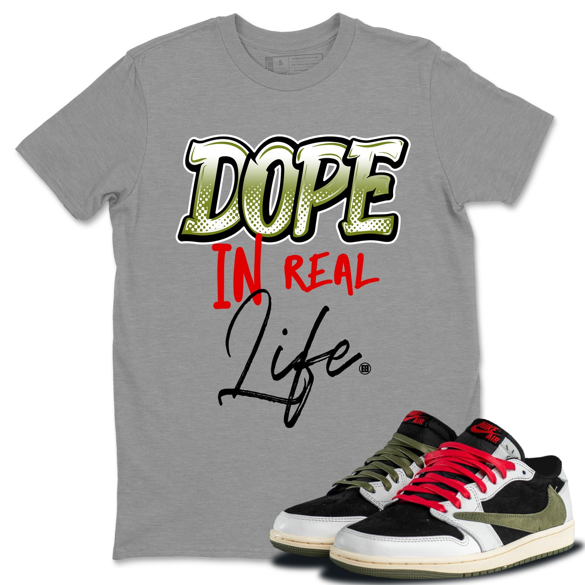 Air Jordan 1 Travis Scott Olive Sneaker Match Tees Dope In Real Life Sneaker Tees Air Jordan 1 Low x Travis Scott x Olive Sneaker Release Tees Unisex Shirts Heather Grey 1
